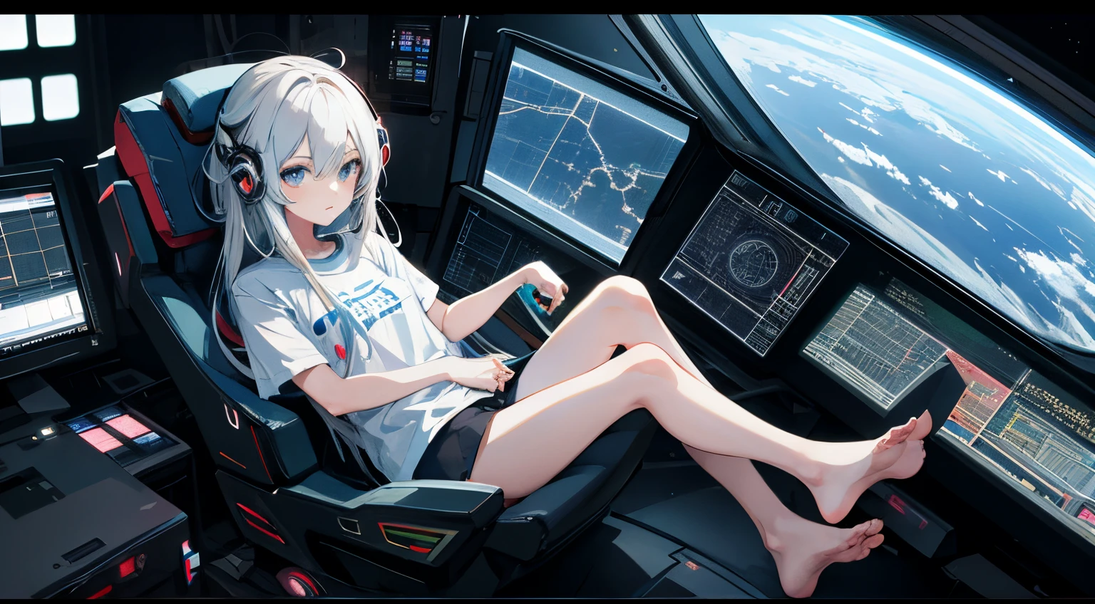 anime girl in a spaceship with her barefeet up on the desk, in a spaceship cockpit, in a futuristic spaceship, on a spaceship, in a spaceship, portrait anime space cadet girl, in underwear and t-shirt, girl in space, in a space station, sitting sad in spaceship, on a space station, high tech space ship interior, sitting at a control center, inside a spaceship,Thin, 8k, ultrarealistik, oficial art,