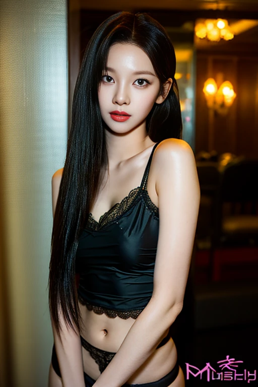 (Best quality, masterpiece: 1.2), woman, portrait, black translucent sexy lingerie, mullet head, long black hair, brown eyes, interior