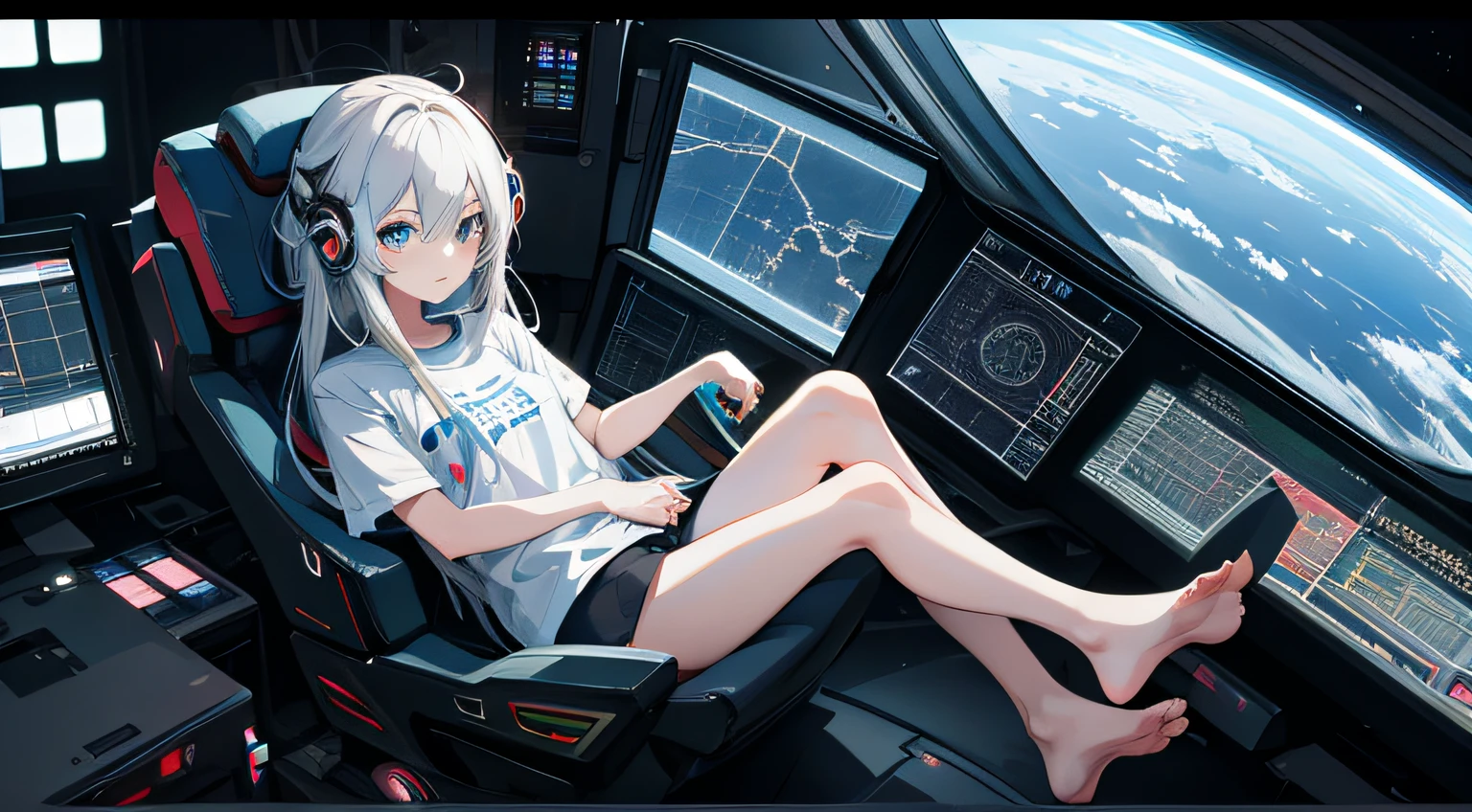 anime girl in a spaceship with her barefeet up on the desk, in a spaceship cockpit, in a futuristic spaceship, on a spaceship, in a spaceship, portrait anime space cadet girl, in underwear and t-shirt, girl in space, in a space station, sitting sad in spaceship, on a space station, high tech space ship interior, sitting at a control center, inside a spaceship,Thin, 8k, ultrarealistik, oficial art,