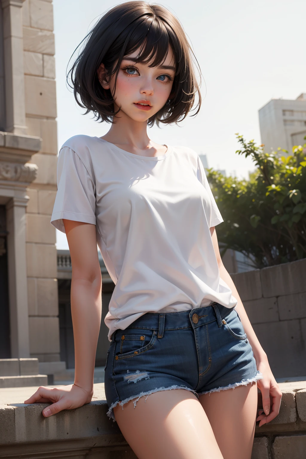 1girl, short black hair, blue eyes, serpent scales, wearing plain white shirt, denim shorts, ancient city, absurdes, high res, ultrasharp, 8k, masterpiece, looking at viewer, DragonScaleAI,