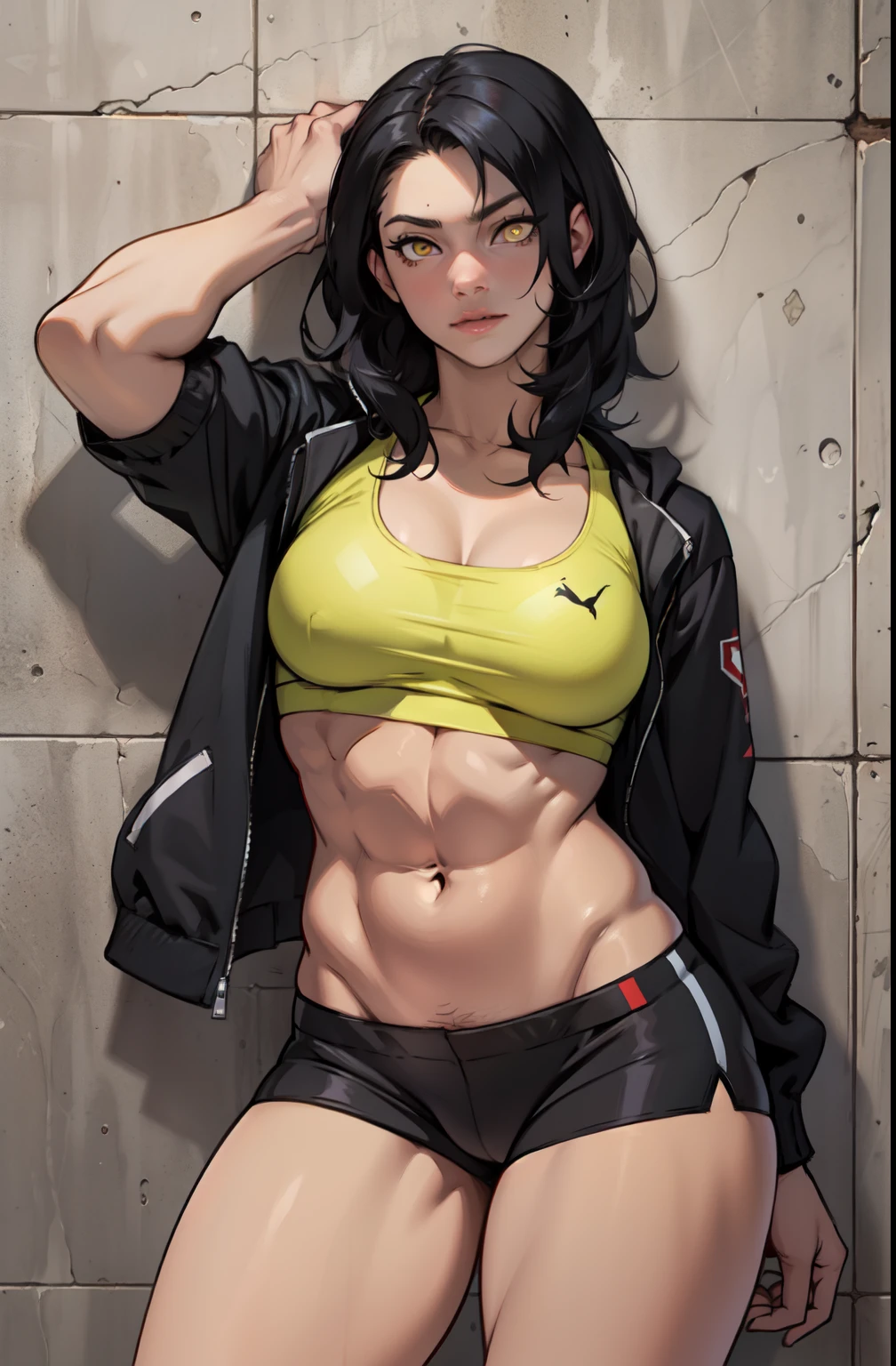 against wall black hair yellow eyes muscular girl breasts dark