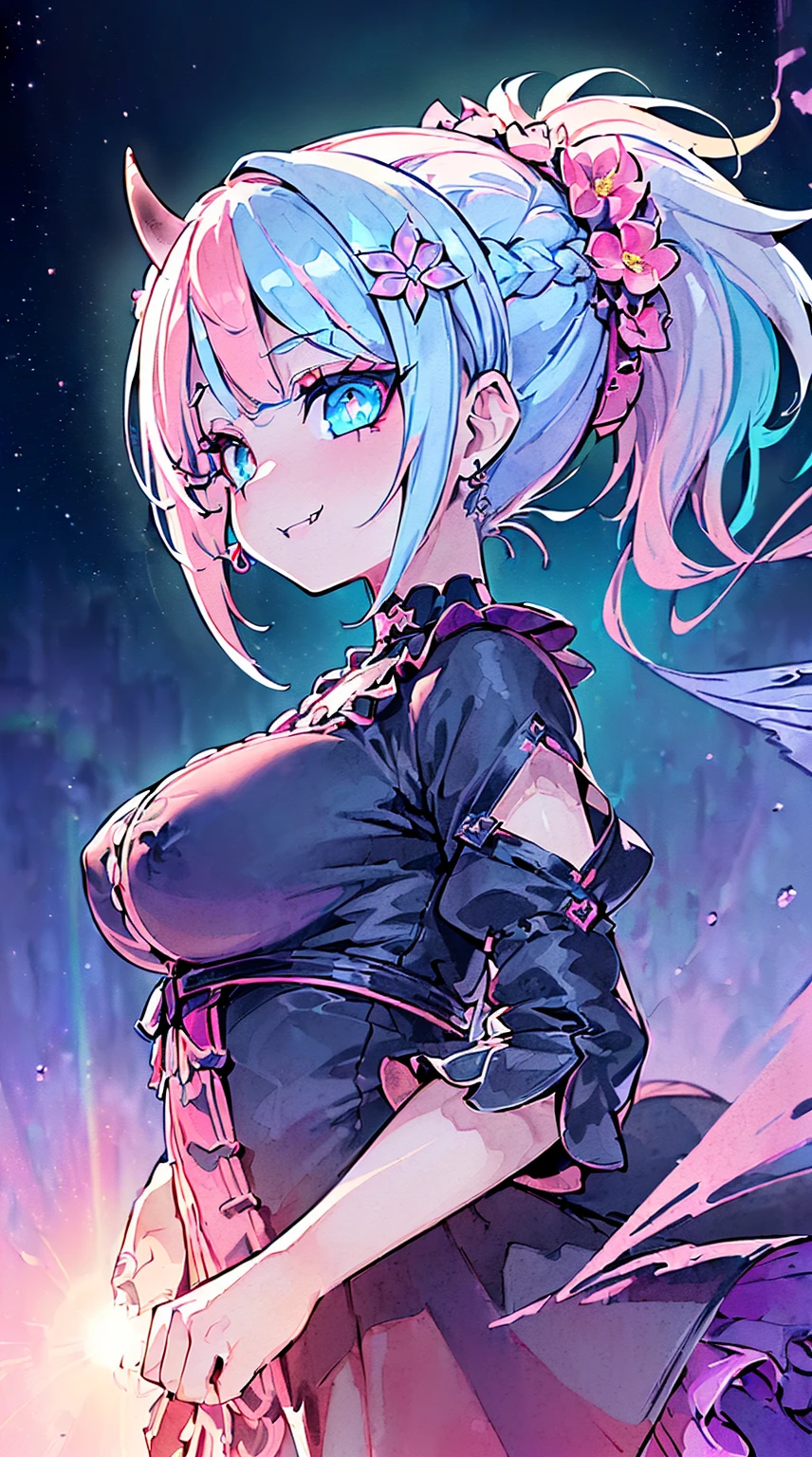 ((((NSFW)))), realistic art, extremely delicate and beautiful, ultra-detailed, (1girl), ((Blue eyes, floating, detailed light, illustration, dynamic angle, depth of field, ((((milf)))), girly, ((Blue and White hair, multicolored hair, Blue highlights hair, (Ponytail), hair ornament, hair flower, flower, makeup, braid, smile)), demon eyes, fangs, pale white skin, (((best quality, tall girl, (skin indentation), (blur background:0.6), (casual yet stylish, ((Demon Horns)), ), gorgeous, (short hair:1.5), soft lighting, wind, (front light:1.5), surprised, choker, smile, jewelry, earrings))), ((( , (crazy eyes:1.3), (wide-eyed:1.2), (glowing eyes), (Demon) ))), (((a full body of a person with a weird face and nails, gothic maiden anime girl, gothic - cyberpunk, cyberpunk horror style, gothic art style, detailed digital anime art, gothic art, demon anime girl, gothic girl face, anime style 4 k, dark art style, anime cyberpunk art, gothic aesthetic, 18 - year - old anime goth girl, gothic horror vibe, masterpiece, top quality, best quality,watercolor (medium),official art, beautiful and aesthetic:1.2),(1girl:1.3), (fractal art:1.3),upper body, from side, looking at viewer,patterns,(rainbow color Hair,colorful hair,half blue and half pink hair:1.2),water,liquid, cloud,colorful, starry,stars,