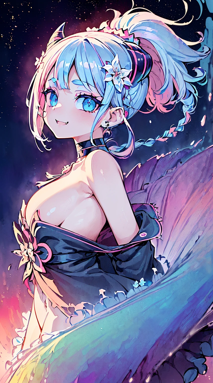 ((((NSFW)))), realistic art, extremely delicate and beautiful, ultra-detailed, (1girl), ((Blue eyes, floating, detailed light, illustration, dynamic angle, depth of field, ((((milf)))), girly, ((Blue and White hair, multicolored hair, Blue highlights hair, (Ponytail), hair ornament, hair flower, flower, makeup, braid, smile)), demon eyes, fangs, pale white skin, (((best quality, tall girl, (skin indentation), (blur background:0.6), (casual yet stylish, ((Demon Horns)), ), gorgeous, (short hair:1.5), soft lighting, wind, (front light:1.5), surprised, choker, smile, jewelry, earrings))), ((( , (crazy eyes:1.3), (wide-eyed:1.2), (glowing eyes), (Demon) ))), (((a full body of a person with a weird face and nails, gothic maiden anime girl, gothic - cyberpunk, cyberpunk horror style, gothic art style, detailed digital anime art, gothic art, demon anime girl, gothic girl face, anime style 4 k, dark art style, anime cyberpunk art, gothic aesthetic, 18 - year - old anime goth girl, gothic horror vibe, masterpiece, top quality, best quality,watercolor (medium),official art, beautiful and aesthetic:1.2),(1girl:1.3), (fractal art:1.3),upper body, from side, looking at viewer,patterns,(rainbow color Hair,colorful hair,half blue and half pink hair:1.2),water,liquid, cloud,colorful, starry,stars,