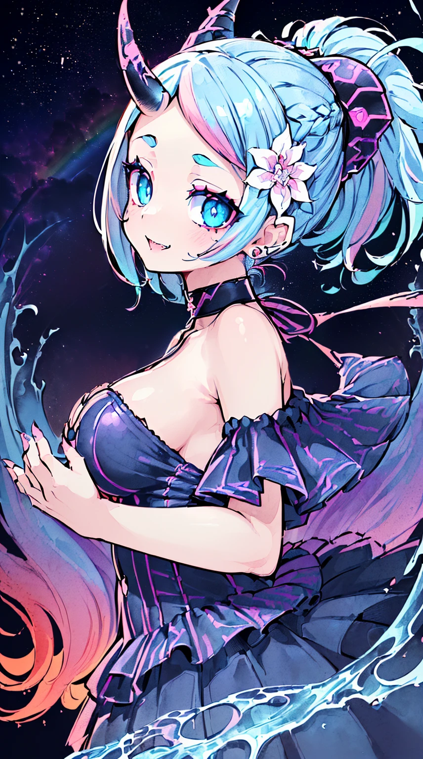 ((((NSFW)))), realistic art, extremely delicate and beautiful, ultra-detailed, (1girl), ((Blue eyes, floating, detailed light, illustration, dynamic angle, depth of field, ((((milf)))), girly, ((Blue and White hair, multicolored hair, Blue highlights hair, (Ponytail), hair ornament, hair flower, flower, makeup, braid, smile)), demon eyes, fangs, pale white skin, (((best quality, tall girl, (skin indentation), (blur background:0.6), (casual yet stylish, ((Demon Horns)), ), gorgeous, (short hair:1.5), soft lighting, wind, (front light:1.5), surprised, choker, smile, jewelry, earrings))), ((( , (crazy eyes:1.3), (wide-eyed:1.2), (glowing eyes), (Demon) ))), (((a full body of a person with a weird face and nails, gothic maiden anime girl, gothic - cyberpunk, cyberpunk horror style, gothic art style, detailed digital anime art, gothic art, demon anime girl, gothic girl face, anime style 4 k, dark art style, anime cyberpunk art, gothic aesthetic, 18 - year - old anime goth girl, gothic horror vibe, masterpiece, top quality, best quality,watercolor (medium),official art, beautiful and aesthetic:1.2),(1girl:1.3), (fractal art:1.3),upper body, from side, looking at viewer,patterns,(rainbow color Hair,colorful hair,half blue and half pink hair:1.2),water,liquid, cloud,colorful, starry,stars,