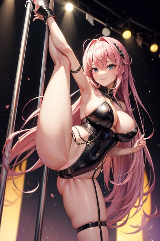 hi res, masterpiece, 8k, nsfw, megurine luka, gigantic tits, dense pink pubic hair, naked, leather white harness suspender, black high heels, in a brothel, on a stage, stage illumination, (she pole dancing in a sexy way: 1.4), a horde of people watching her, erotic face, sweating, alluring gaze, sexy smile
