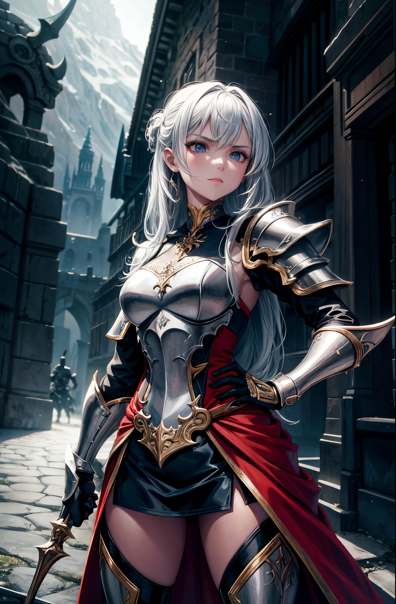 Por favor, create a digital illustration of a girl in fantasy RPG armor. The armor must be detailed and have a somewhat demonic design. The girl must be standing, em uma pose heroica, com a armadura cobrindo todo o corpo. Her facial expression should convey determination and confidence. Por favor, inclua elementos como chifres curvados, asas escuras e detalhes intricados na armadura. Make sure the illustration is colorful and demonic tones are present in the color palette. The background scene can be a fantastic environment, like a mystical battlefield or a hellish realm, para complementar o tema. The goal is to create a captivating and powerful image that represents this demonic warrior in all her splendor.."