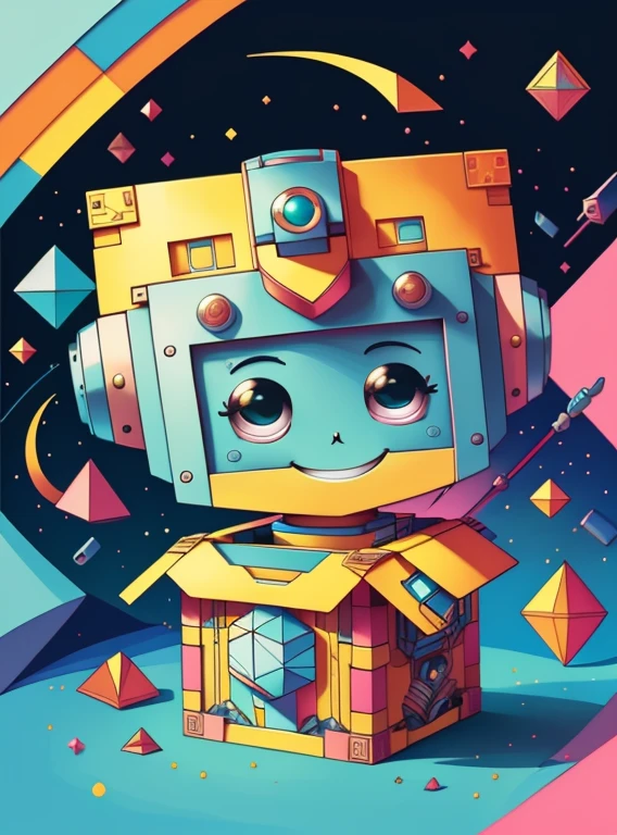 (cute robot smiling in beautiful box) Munchkin, Geometric multidimensional wall portrait, livro de arte, Tchibi,
Yang08k, Beautiful, Colouring,
Obras, of the highest quality, best quality, Arte Oficial, Beautiful and Aesthetic,