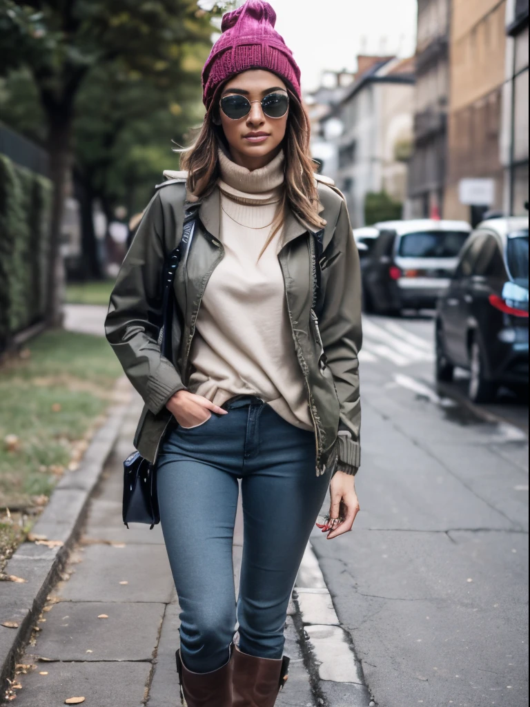 Crie uma imagem de uma pessoa, quem usa uma roupa de inverno da moda em uma cena. A roupa deve combinar estilo e funcionalidade, to adapt to the cold season. A pessoa vestindo uma roupa quente, jaqueta estilosa, preferably a thick jacket or parka in a neutral color, like black or khaki, possibly with attractive patterns or colors for more individuality. She wears several layers underneath, including a cozy knit sweater or sweatshirt and a long-sleeved shirt or turtleneck sweater. Para os fundos, She chooses jeans or corduroy pants in dark colors, como preto ou azul escuro, possibly combined with leggings or thermal tights. The shoes are functional and elegant boots, such as leather boots or boots with a waterproof coating, or high-quality sneakers with a warm lining. The outfit is complemented by accessories such as a warm hat or a stylish hat, Luvas, a scarf and fashion details, como joias atraentes, a cool pair of sunglasses or a trendy bag. A paleta de cores varia de cores neutras como preto, Gray and khaki in strong colors like burgundy, Verde pinho ou azul marinho. The focus is on style, functional appearance, that keeps the talent.