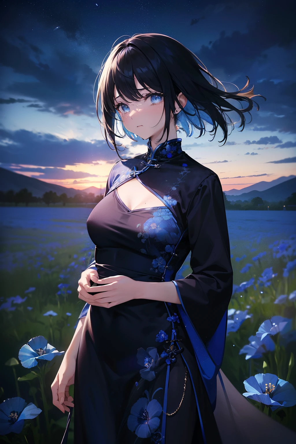(scene:0.7), (masterpiece), best quality, (((ultra detailed, 8k quality))), (depth perception:0.7, ((looking at viewer)), (looking at viewer with pleading eyes, black hair, side bang, cloudy eyes, expressive blue eyes:0.7, glowing blue eyes), (perfect hand), (wearing blue Chinese dress with blue wind patterns on it), ((crying into her hands)), 18 years old, night sky, sad, blue windy background, blurry background), (distanced), ((in the distance surrounded by darkness, field of blue flowering poppies:0.9)), (torso)