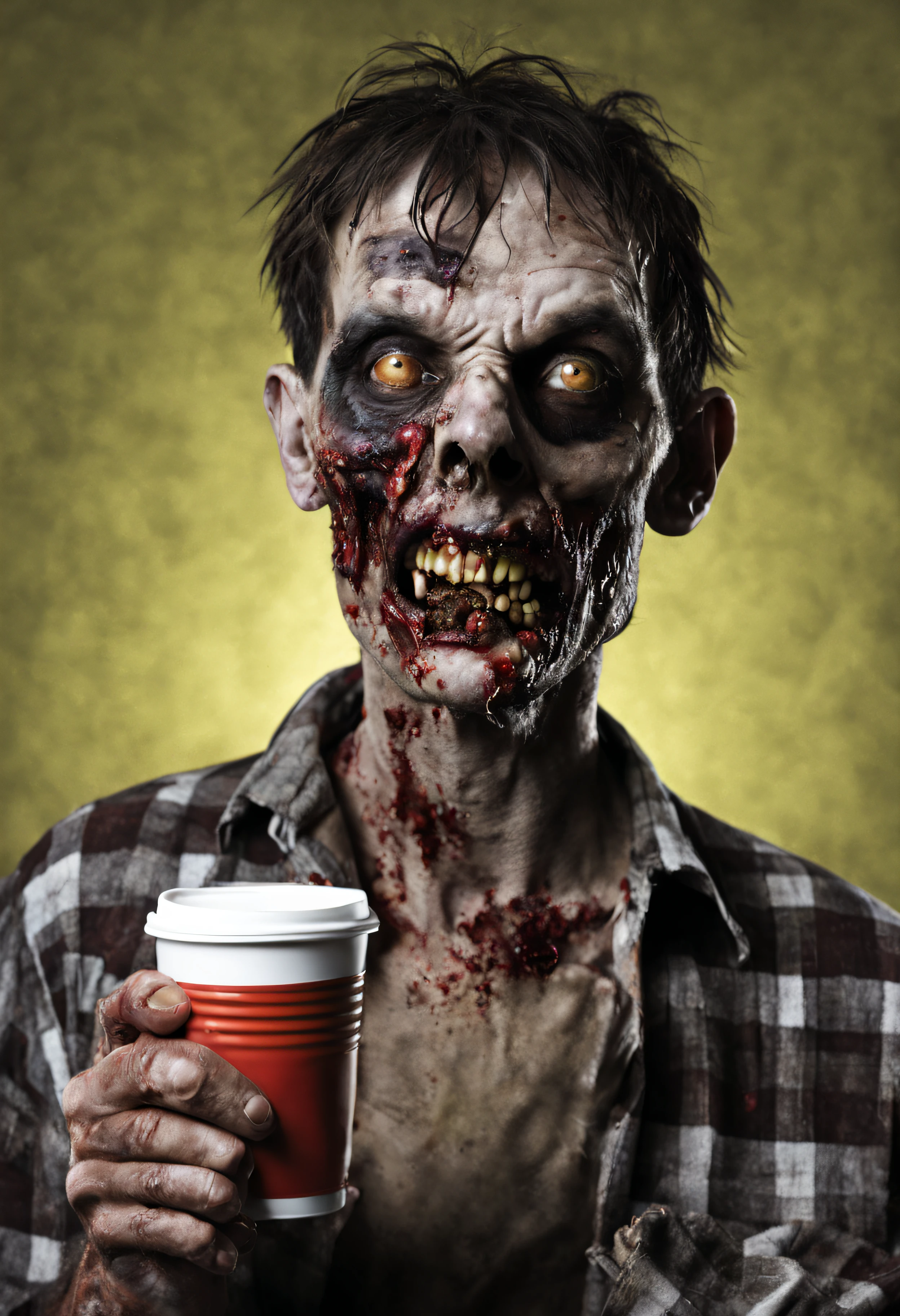 64k, zombie man, coffee can in right hand, market background, studio light