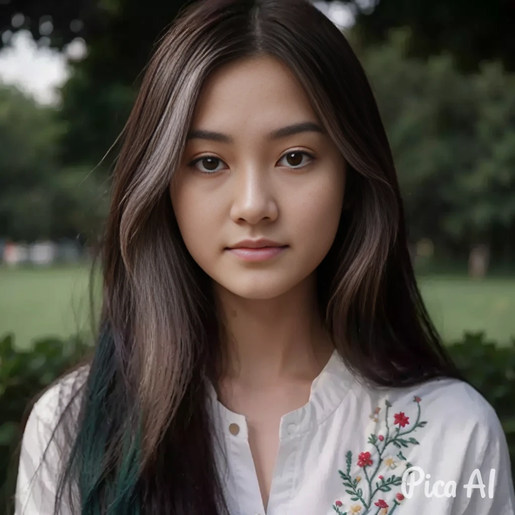 A photorealistic portrait of a 20-year-old asian girl with long hair two-tone color like a billie eilish. wearing shirt white embroidery, She should natural expression. The background should be a garden tree. Capture this image with a high-resolution photograph using an 85mm lens for a flattering perspective.