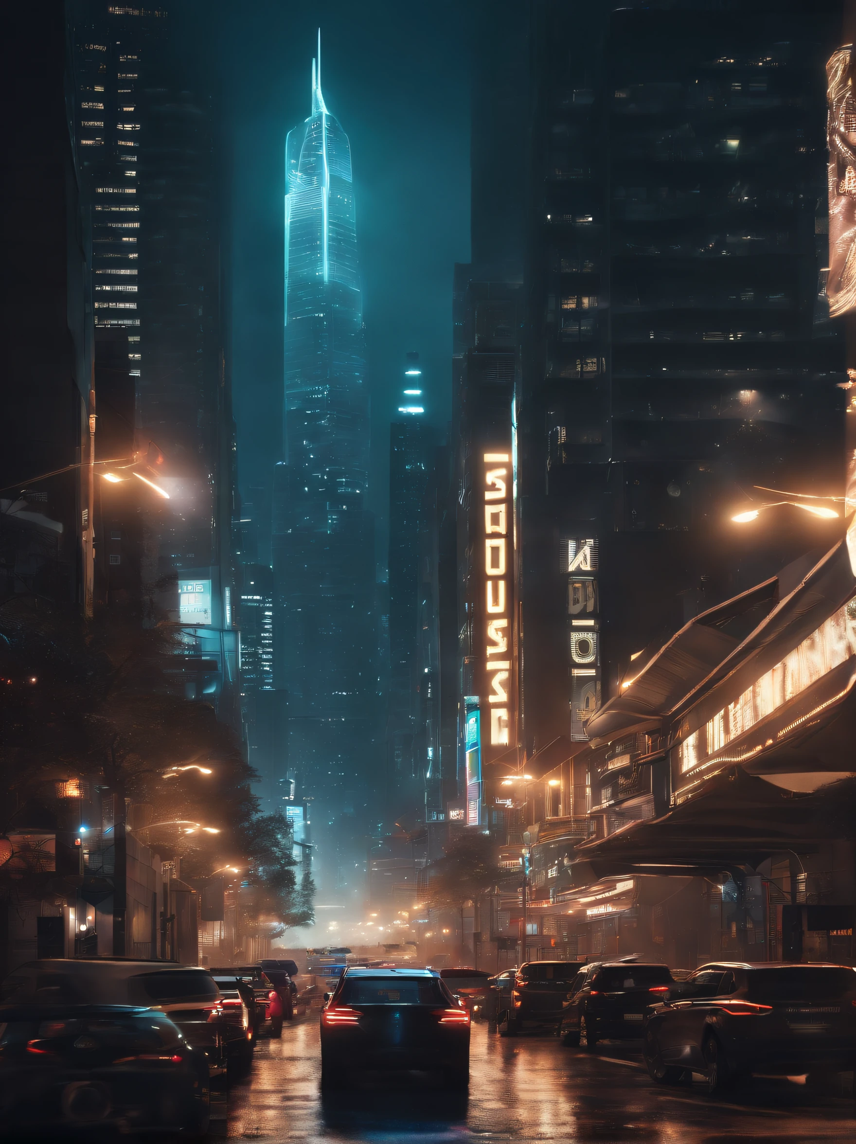 (A high resolution,Best quality,Ultra-detailed,Realistic:1.37),Futuristic city landscape,Neon lights,shiny reflective surfaces,Glass skyscraper,Hover vehicle,Fly drones,Crowded streets,Illuminated advertising,cyberpunk atmosphere,Technological progress,Color holograms,Cities in motion,Blurred motion trajectories,dark alley,Shadows and reflections,High-tech gadgets,Bustling city life,Stylish building,Impressive skyline,nighttime scene,Impressive lighting effects,Advanced transportation system,Robot Companion,AI integration,Modern city life,cybernetic enhancements,Smart devices,Well-designed urban infrastructure,Ambient sounds of the city,Huge digital screen,Energy-efficient buildings,Advanced urban planning,Attractive city dwellers,The metropolis of the future,A seamless blend of nature and technology