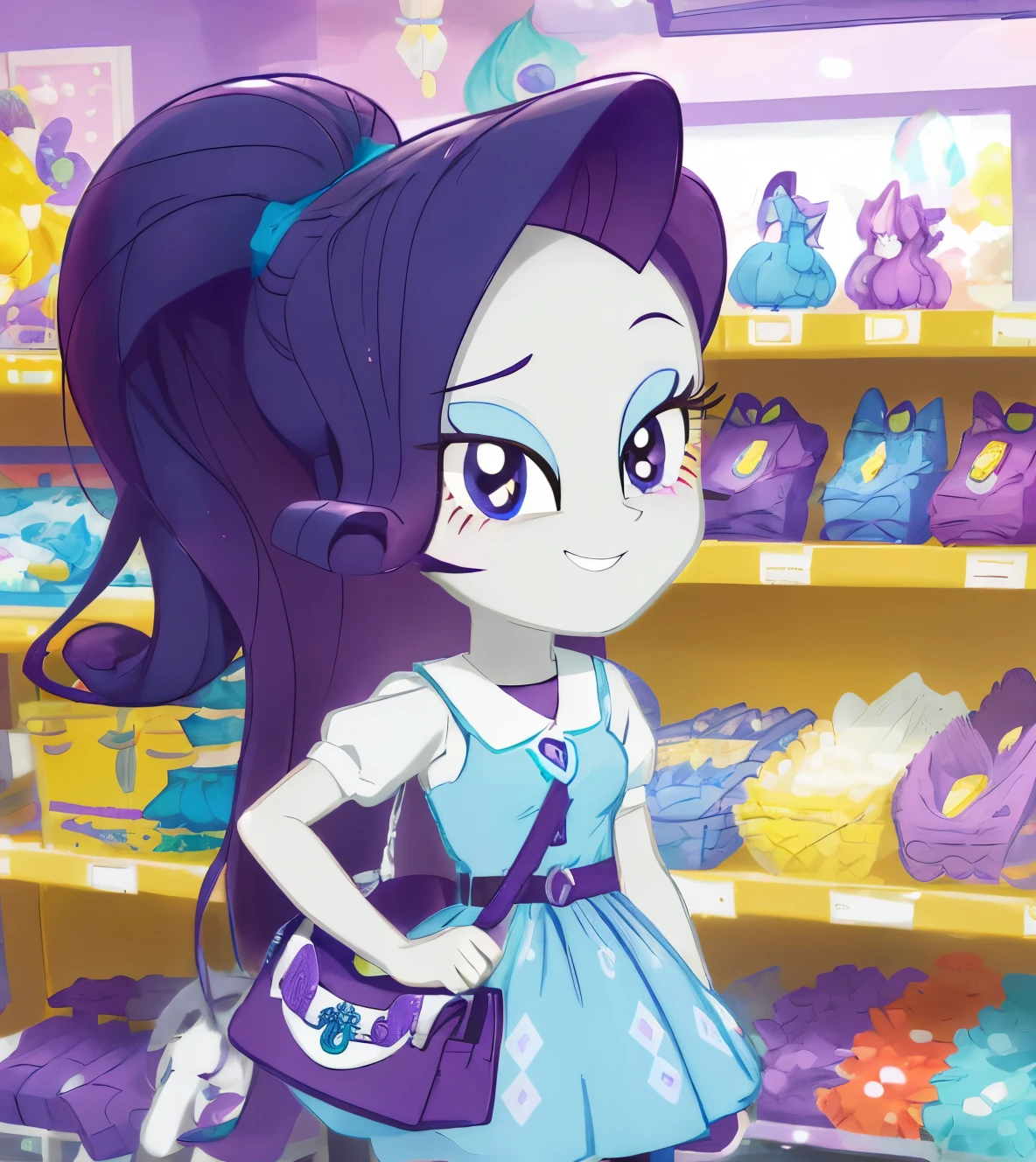 a close up of a cartoon character with a purse in a store, purple eyes and white dress, equestria, anthropomorphic mare, glomy, aesthetic cute with flutter, giddy smirk, she has purple hair, nefarious smirk, her hair  in a pony tail, mlp, magic school uniform, fim still, she has two ponytails