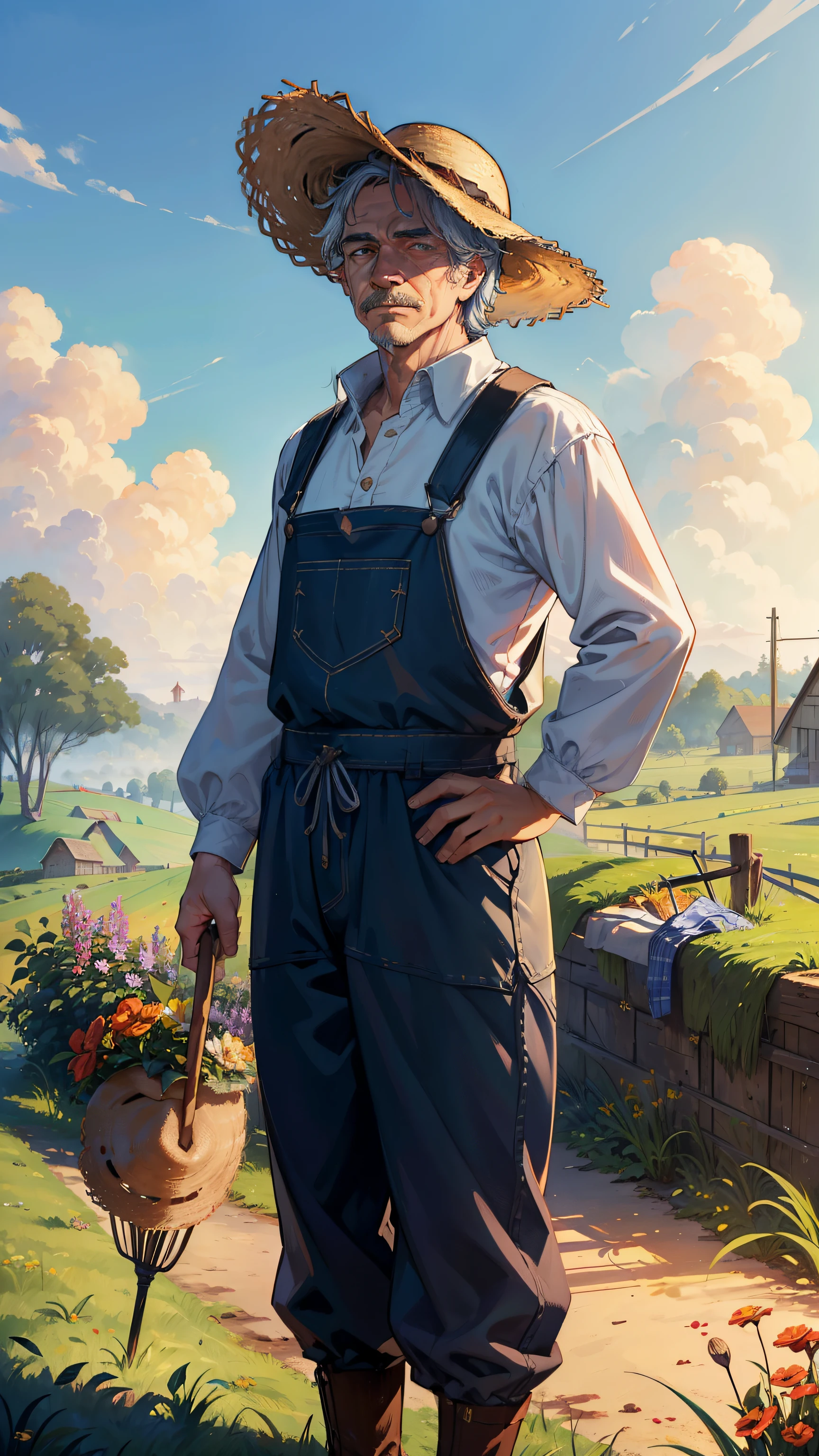 (((((Man's))))), masutepiece, ultra-detailliert, 8K Portrait, Raw photo, Portrait photo of a man, Full body, Highly detailed face, ((Fantasy)), Old Man, 55 years old, 1 man, (((farmer))), Laugh heartily, ((Facial wrinkles)), (((Standing))) Put your hands on your hips, (((a straw fedora hat))), Long Sleeve Cotton Clothing, overalls, (((Have a hoe))), Midday Sun, Hyper realistic, Long legs, On a medieval farm with a flock of sheep, Ambient lighting, Shadow details , Camera focus on face, Light fog