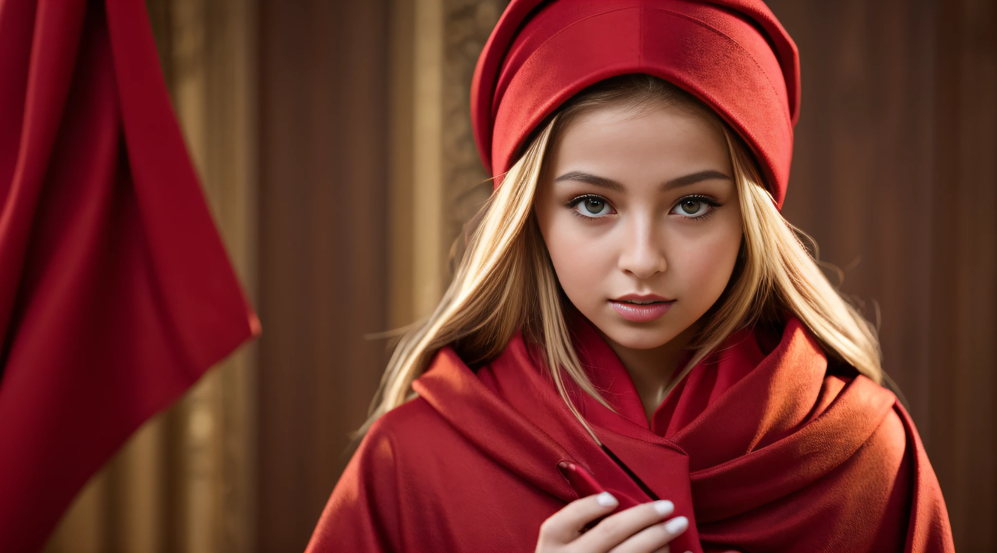 Golden blonde children with red scarf talking on cell phone with red background, red scarf, vestido com um belo manto vermelho, turbante oval vermelho, vestindo roupas vermelhas, pano vermelho, beautiful arab children, vestindo uma capa vermelha, middle eastern skin, no fundo vermelho , Retrato de Darna moderno, beautiful Iranian children, vestindo roupas vermelhas, retrato de Sophie Mudd, tudo vermelho