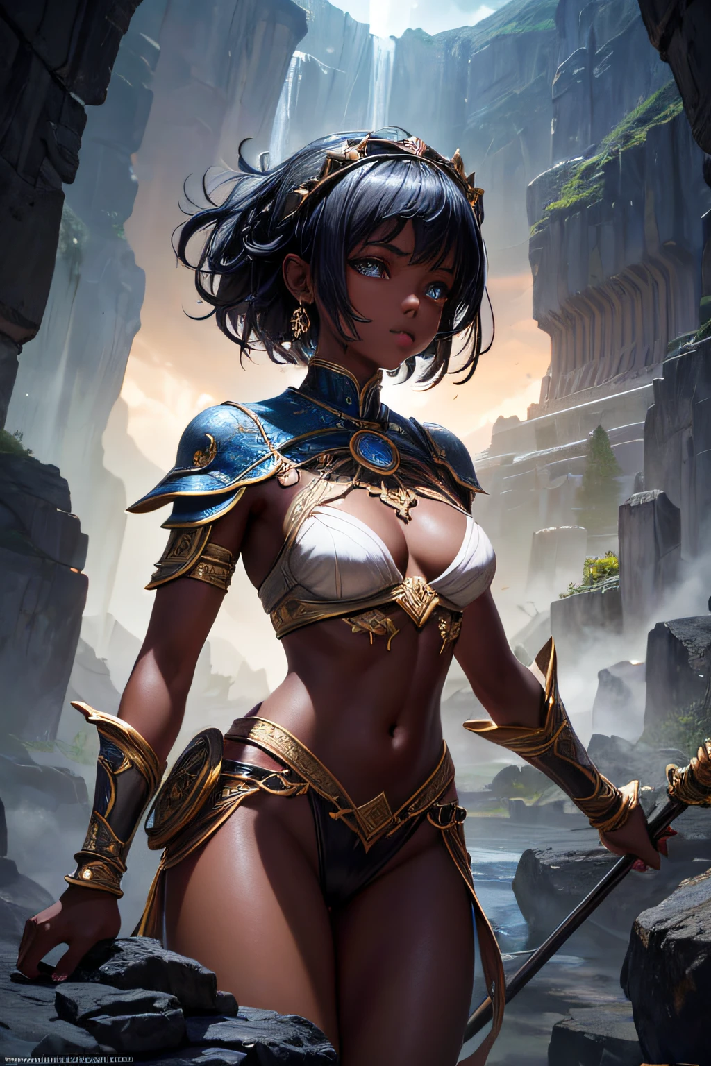 young teen girl, african girl, black skin, earth mage, sorceress, earth goddess, mages dress, controling all rocks around her, floating rocks around her,  wielding a magic staff, ancient cave in background, sexi, small breasts, , highly detailed, vibrant appearance, creative behavior, extremly detailed, imaginative, sensual, spontaneous, highest quality, skin texture, intricate details, (cinematic lighting), RAW photo, 8k, masterpiece,best quality,ultra-detailed,very detailed illustrations,extremely detailed,intricate details,highres,super complex details,extremely detailed 8k cg wallpaper,