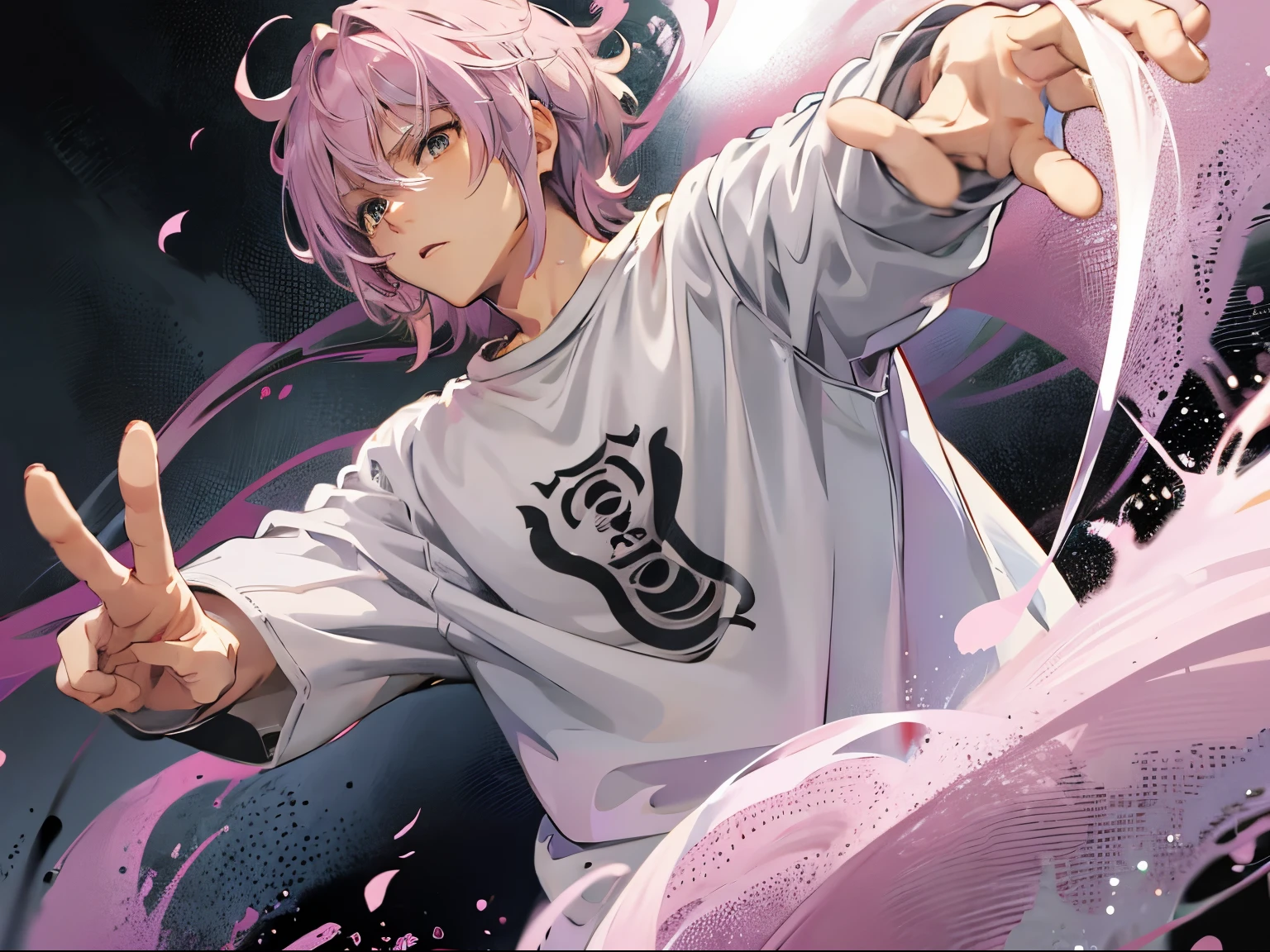 1 anime MAN wearing a Tshirt, tall, grey eyes, light pink hair, medium hair, MAN, MALE