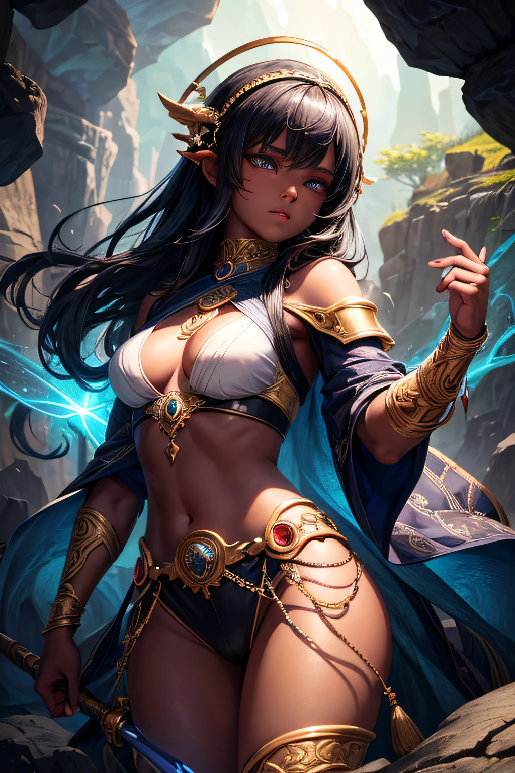 young girl, african girl, black skin, earth mage, sorceress, earth goddess, mages dress, controling all rocks around her, floating rocks around her, wielding a magic staff, ancient cave in background, sexi, small breasts, , highly detailed, vibrant appearance, creative behavior, extremly detailed, imaginative, sensual, spontaneous, highest quality, skin texture, intricate details, (cinematic lighting), RAW photo, 8k, masterpiece,best quality,ultra-detailed,very detailed illustrations,extremely detailed,intricate details,highres,super complex details,extremely detailed 8k cg wallpaper,