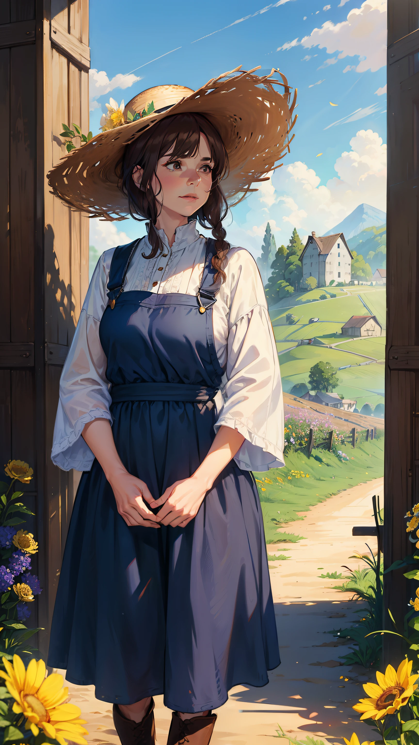 (((((Middle Age Woman))))), masutepiece, ultra-detailliert, 8K Portrait, Raw photo, portrait photo of a female, Full body, Highly detailed face, ((Fantasy)), Old Man, 49 years old, (((farmer))), Laugh heartily, ((Facial wrinkles)), (((Standing))) Put your hands on your hips, (((a straw fedora hat))), (((black hair curtain bangs))), Long Sleeve Cotton Clothing, overalls, (((Have flowers))), Midday Sun, Hyper realistic, Long legs,On a medieval farm with a flock of chickens, Ambient lighting, Shadow details, Camera focus on face, Light fog