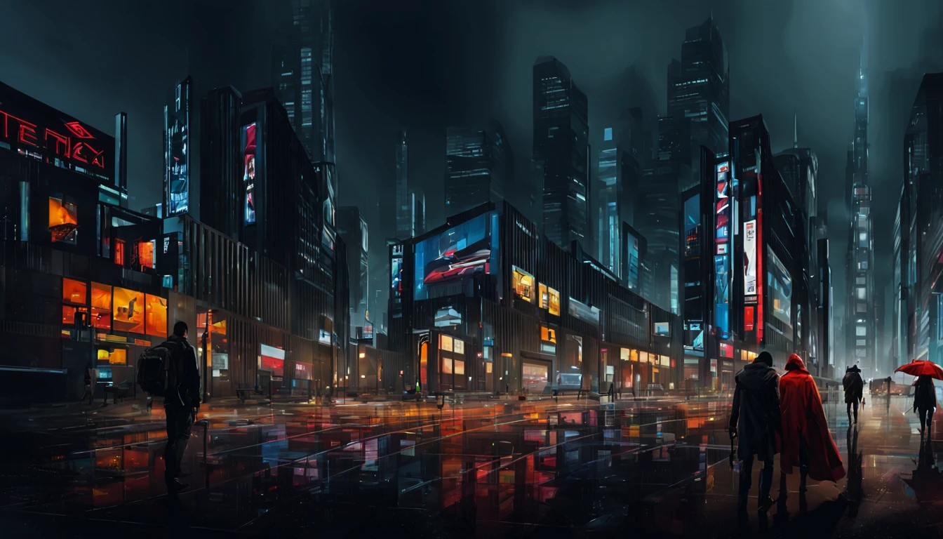 cyberpunk city landscape, lowlife, night, rain, people walking on the street under raincoats or umbrellas