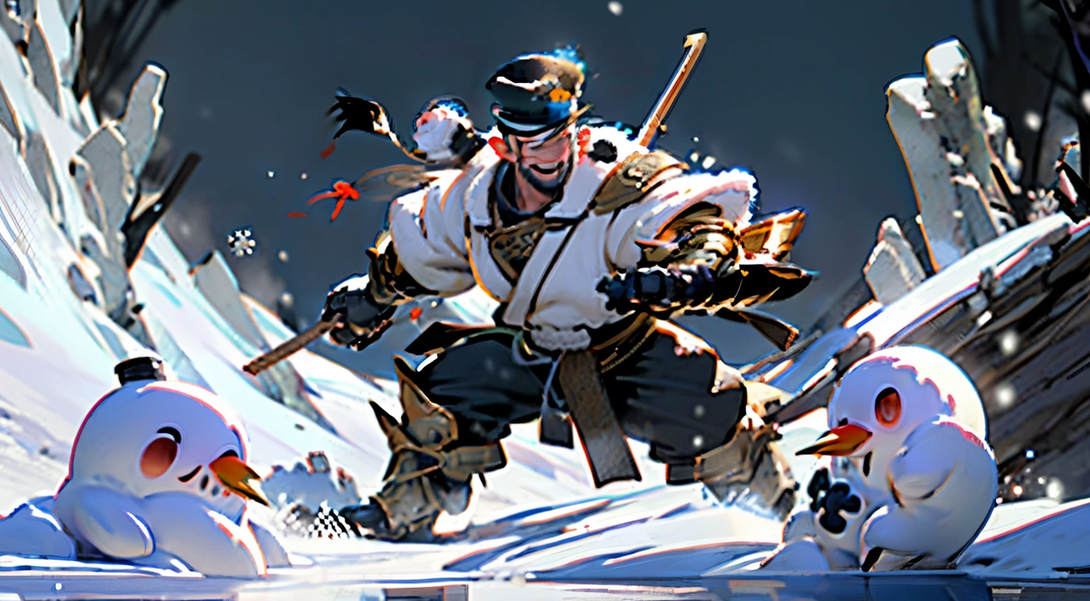 01_(Epic character).(One in the frame). (Huge block of snow). (Big - scary snowman). Horizontal composition, with some offset from the center-wide format. (A large body of snow, an awkward mass of snow, composed of three rounded snow blocks). (Living creature, in a fighting pose, decisive nature, threateningly scary). (Snowman, a fantastic fantasy image, a creature created from snow, created for battles, attacks and intimidation). (In thick snowy paws, he holds an ax, on a long handle, made of , a very powerful weapon, large - at full height). (The body of the monster consists of three blocks - a typical design of a snowman, strength and power live in it, it ready to attack). (The body covered with imitation armor, old car bumpers, headlights, license plates, hung on a snow uniform - symbolize armor, metal armor). (A frightening muzzle, in an animation style, with a cheerful grin, a snowy mouth gaping in a smile, an icicle, crazy eyes glowing with blue light, a black felt hat on the head, decorated with trinkets and amulets). (This an epic character in animated style, animated film).
02_The composition located in a horizontal frame, in the hand a powerful ax. Eliminate symmetry, the main mass of the hero not placed clearly in the center - with a slight offset, Mood, fairy tale, magic, absurdity, fighting stance, and powerful snow form.
03_ Cold range of lighting, evening, snow storm, elements, gusty wind, slanting snow whirlwinds, patterns on the background, dark blue, snowy background. Contrasting, clear lighting, warm magical light, clear cold shadows, contrasting image. , snow, snow decor, intricate patterns, and ornaments on the body. The highest image quality, a masterpiece, computer graphics. Cinematic level of performance, animated film. HD quality, wide format, 8K. , Unreal engine.