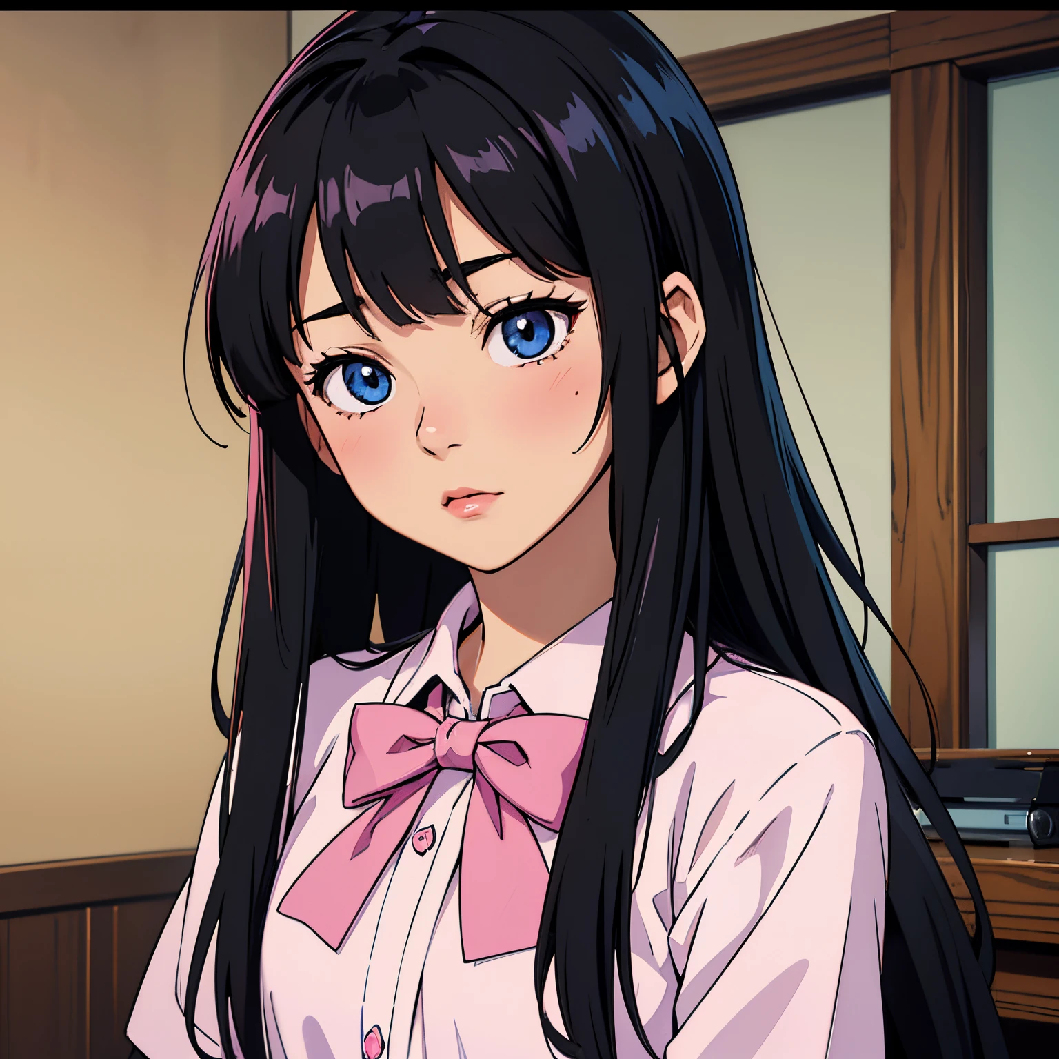 (Best Quality, Sharp anime eyes), detailed_background,bedroom, closeup, straight long hair,hair bow,pixelated,blush,luca (kuruton486),black hair bow,highres,1girl,letterboxed,solo,kuruton486,pink casual shirt,blue eyes,shirt,parted bangs