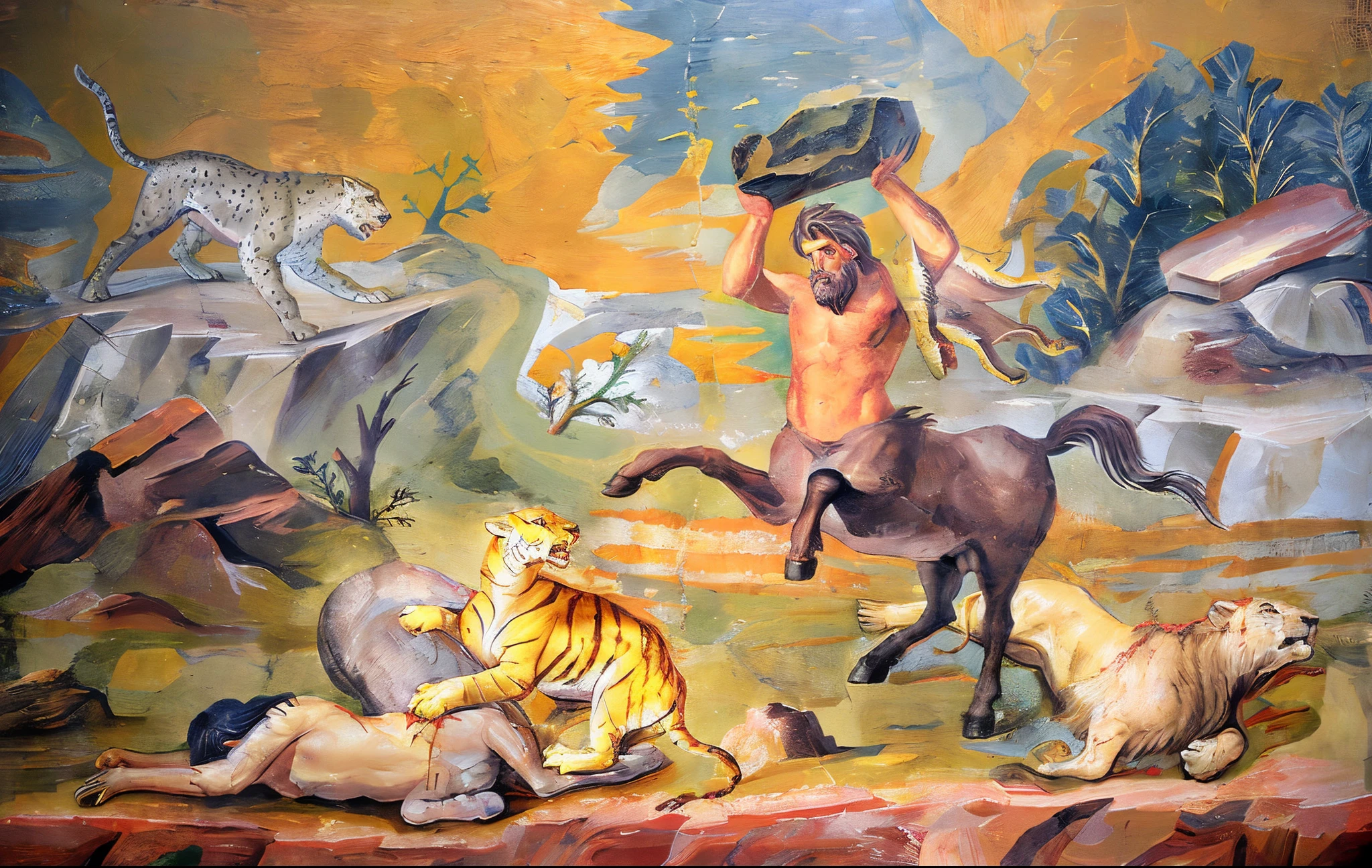 painting of a man on a horse with a tiger and leopard and lioness, mythological painting, male centaur centaur chimera, centaur from greek mythology, epic scene of zeus, the man riding on the lion, epic biblical depiction, hystorical painting, the god hephaestus, fresco painting, centaur, adam, greek myth digital painting
