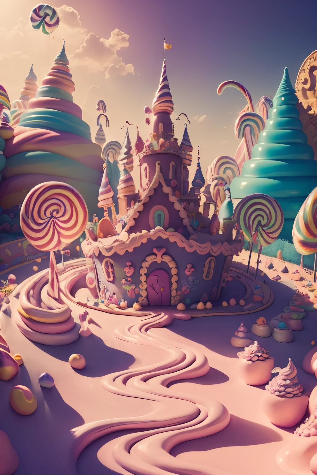 (Masterpiece, best quality:1.3), an (enchanted:1.3) (magical:1.3) (castle), full background, (candyland:1.5), ice cream, no humans, fantasy, rainbow, balloon, sharp focus, colorful, (shiny:1.2), natural lighting, cake, candy, atmosphere, (bloom:0.4), pastel colors,