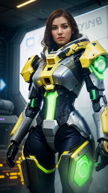 arafed image of a woman in a futuristic suit with a gun, girl in mecha cyber armor, female lucio, cyber suit, female mecha, mecha suit, clothed in cyber armour, mech suit, mechanized valkyrie girl, varia suit, cyber armor, energetic varia suit, cyber fight armor, starcraft 2 videogame character, cybersuit