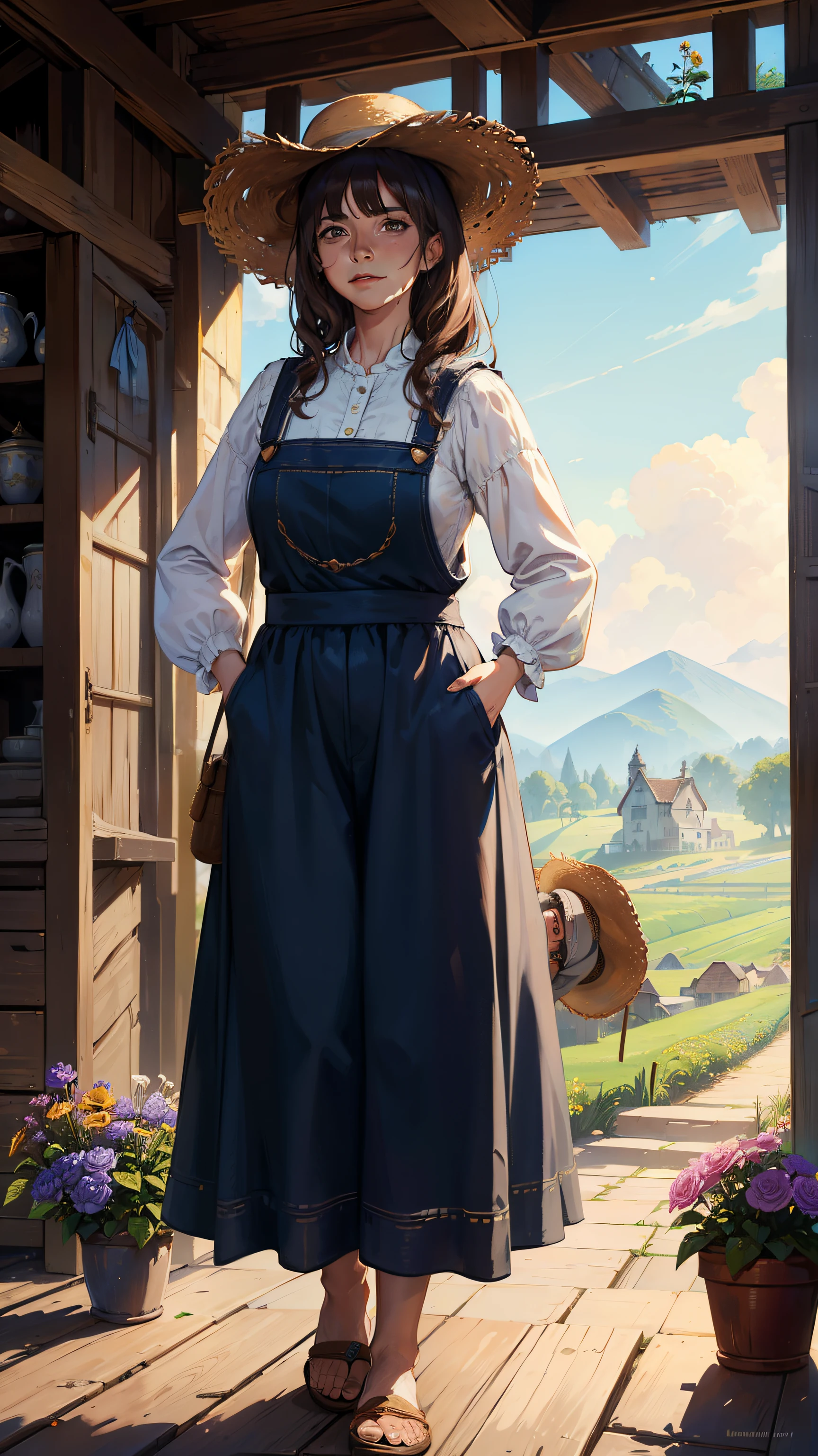 (((((Middle Age Woman))))), masutepiece, ultra-detailliert, 8K Portrait, Raw photo, portrait photo of a female, Full body, Highly detailed face, ((Fantasy)), Old Man, 49 years old, (((farmer))), Laugh heartily, ((Facial wrinkles)), (((Standing))) Put your hands on your hips, (((a straw fedora hat))), (((black hair curtain bangs))), Long Sleeve Cotton Clothing, overalls, (((Have flowers))), Midday Sun, Hyper realistic, Long legs,On a medieval farm with a flock of chickens, Ambient lighting, Shadow details, Camera focus on face, Light fog