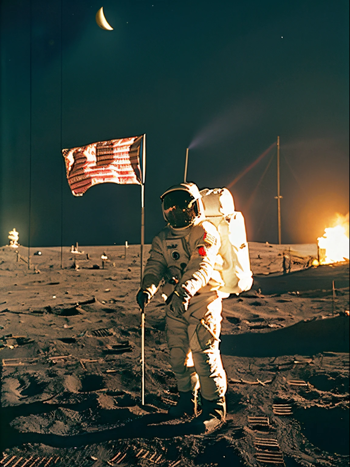 Astronaut on the moon, sticks the flag of the USSR into the ground