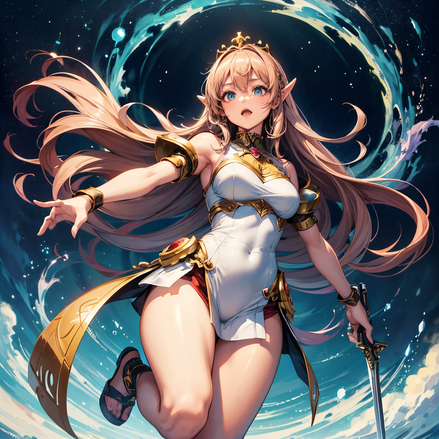 2D illustration, anime-style, beautiful girl, elf, (************), blonde, blue-eyed, hair ornament, smiling, (((squatting with legs spread))), holding a magic wand in his right hand, (full chest part open, white ultra-thin fabric, see-through ancient style robe), (full breasts are see-through)), ((without panties)), ((without bra)), floating hem, collar, bangles, Anklet, sandal, ((Close-up of a person, looking up at a person from below)), ((Exposed crotch showing through)), Wet body, Wet clothing, Ancient ruins eroded by vegetation, Waterside, Water surface light, Magic light, Starry sky, Wind blowing, Ambient occlusion, Halation