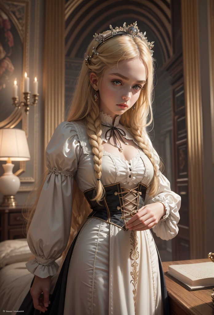 cinematic lighting, ray tracing, blending, Hyperrealism, Hasselblad, 85mm, f/1.8, multiple views, first-person view, high angle, best quality, masterpiece, anatomically correct, textured skin, There is a ((very young beautiful girl)), (()), in a romantic bedroom, she has a delicate, fragile, tender, skinny little The face is small, innocent, juvenile, mysterious, very delicate, slightly open mouth, the eyes are almond-shaped and alert, the pupils are green-gray, flawless skin, fine-pored and velvety skin, (wearing an elaborate romantic lolita dress with at the front:1.5), (very long blond wavy hair:1.5), thin legs, narrow hips, thin waist, skinny figure, bare legs, bedroom, bed, ruffled satin, whole person, sitting on the edge of the bed. She is shy and nervous, and desperate to make a good first impression. nude, sexy, kink collar