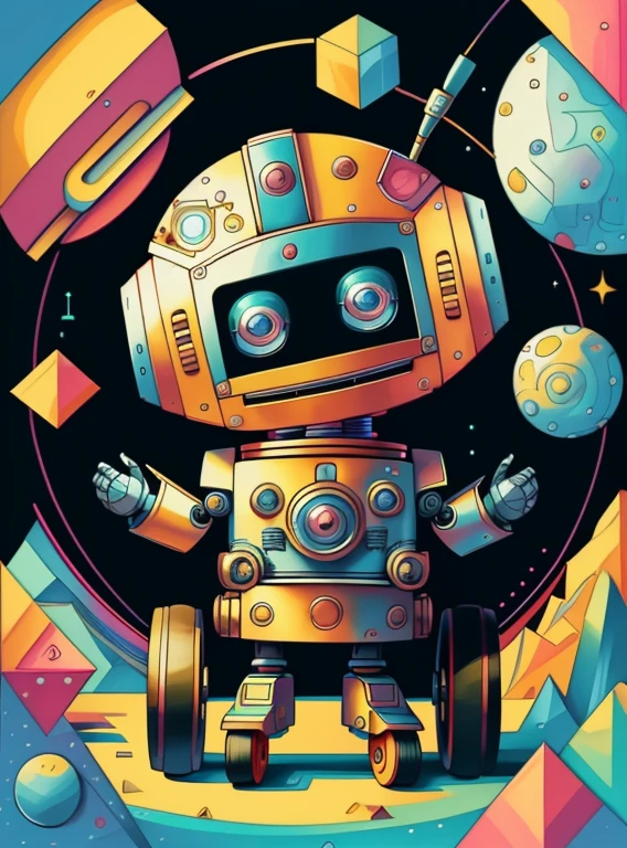 (cute robot smiling with wheels) Munchkin, Geometric multidimensional wall portrait, livro de arte, Tchibi,
Yang08k, Beautiful, Colouring,
Obras, of the highest quality, best quality, Arte Oficial, Beautiful and Aesthetic,