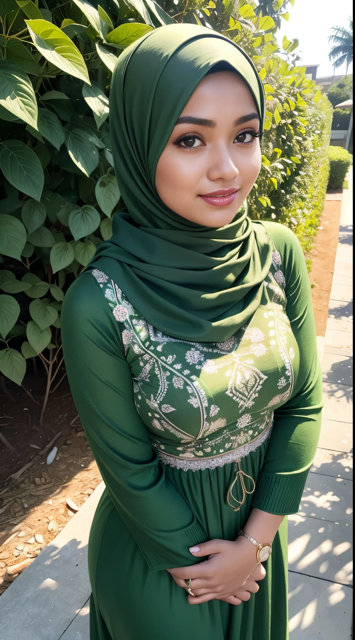 RAW, Best quality, high resolution, masterpiece: 1.3), beautiful Malay woman in hijab,Masterpiece, perfect fit body, (Huge breasts), big gorgeous eyes, Soft smile,woman in a green dress and a green scarf, puff sleeves, hijab, cropped wide sleeve, motif, wearing a cute top, garis edelweiss, ivy vine leaf and flower top, detached sleeves, fancy top, Delicate turtleneck, necklace, shairband, afternoon walk, beach, Excellent lighting, Bright colors, Clean lines