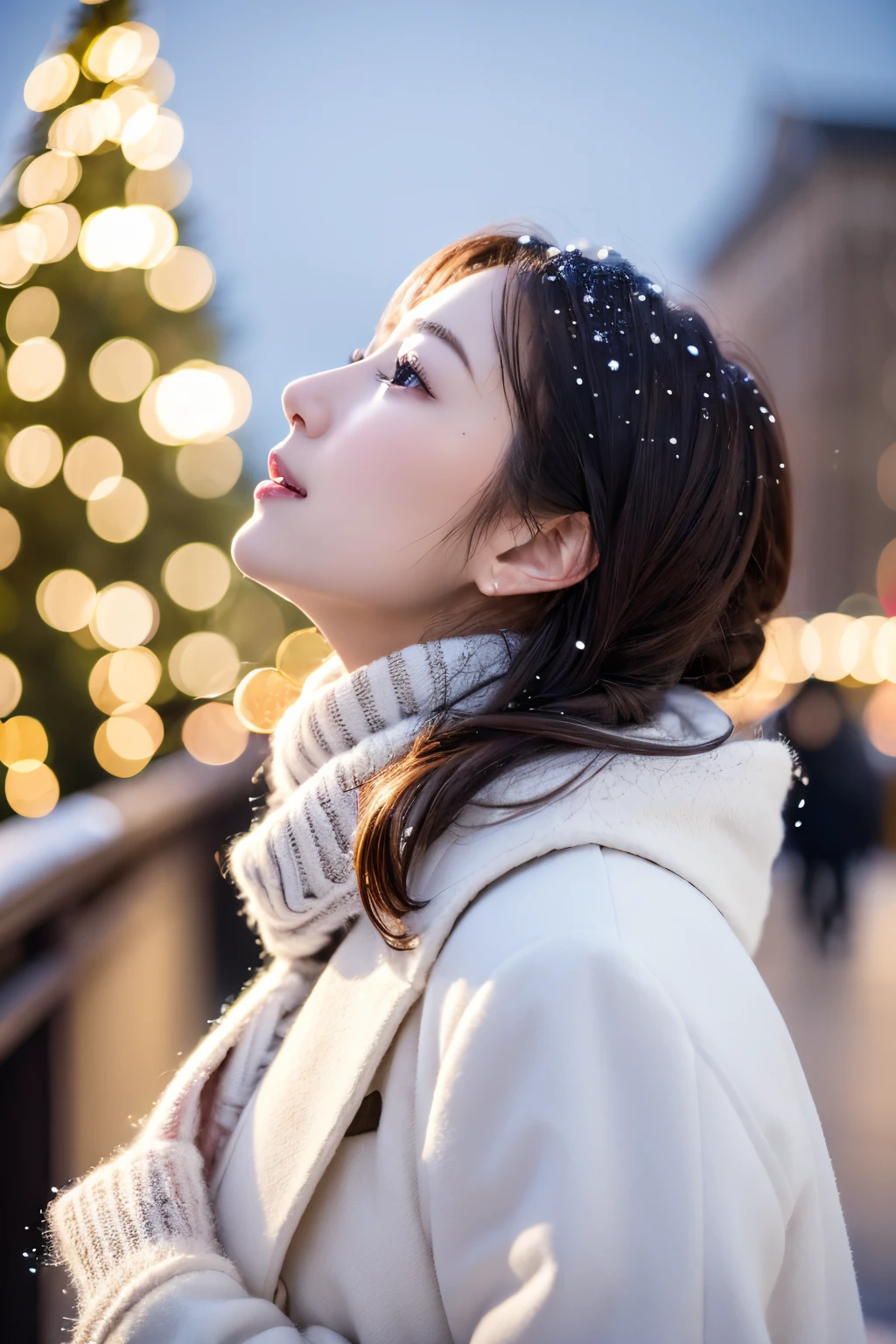 (top-quality、8K、32K、masterpiece,)Beautuful Women、nightcity、Big Christmas Tree、Looking up at the sky、profile,White coat、white wool scarf、It's snowing、Delicat eyes、Blurred background