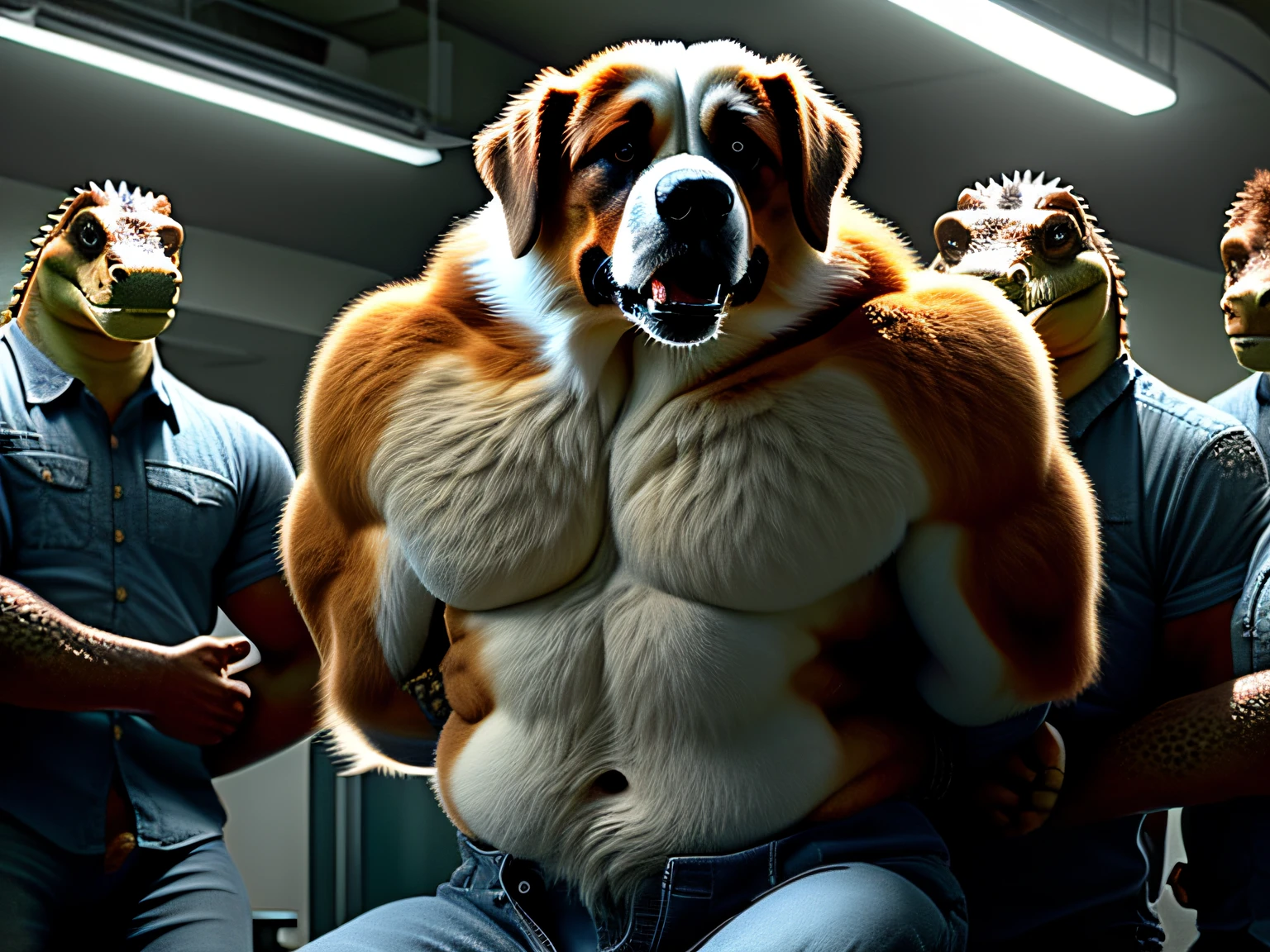 Realistic lightning, tranchant,(Best quality, Masterpiece 1.4),Anthro (saint-bernard:1.2) ,(arm behind back:1.9),(bras tenus par les mains:1.5)(épaules tenues par les mains:1.5),assis, maintenu vers le bas, leaning forward,5 doigts,Chubby,graisse,(musculaire:1.2), Detailed fluffy fur, (detailled eyes:1.1), (realistic fur:1.2),anatomiquement correct, Captured,Abducted,danger, peril,costaud,expression of anger, aboiement,shirt unbuttoned, jeans, detailed body, detailled eyes,pectoraux muscles,Muscular arms,Best quality,,Groupe Anthro Gator applaudissant en arrière-plan, male, tenant une Anthro ,Anthro retenu (berger allemand),impuissant,regard curieux