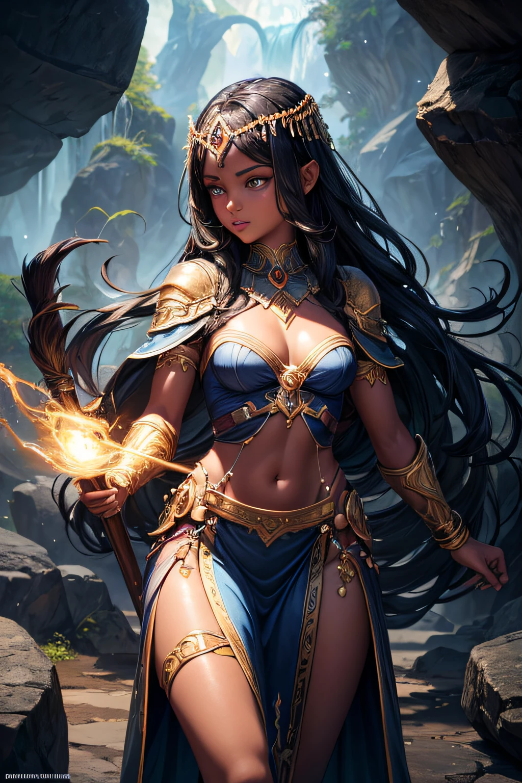 young teen girl, african girl, black skin, earth mage, sorceress, earth goddess, mages dress, controling all rocks around her, floating rocks around her,  wielding a magic staff, ancient cave in background, sexi, small breasts, , highly detailed, vibrant appearance, creative behavior, extremly detailed, imaginative, sensual, spontaneous, highest quality, skin texture, intricate details, (cinematic lighting), RAW photo, 8k, masterpiece,best quality,ultra-detailed,very detailed illustrations,extremely detailed,intricate details,highres,super complex details,extremely detailed 8k cg wallpaper,