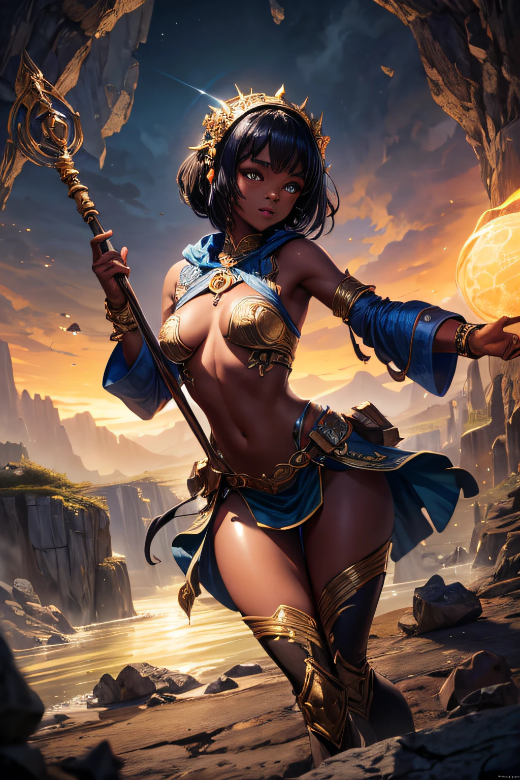 , african girl, black skin, earth mage, sorceress, earth goddess, mages dress, controling all rocks around her, floating rocks around her,  wielding a magic staff, ancient cave in background, sexi, small breasts, , highly detailed, vibrant appearance, creative behavior, extremly detailed, imaginative, sensual, spontaneous, highest quality, skin texture, intricate details, (cinematic lighting), RAW photo, 8k, masterpiece,best quality,ultra-detailed,very detailed illustrations,extremely detailed,intricate details,highres,super complex details,extremely detailed 8k cg wallpaper,