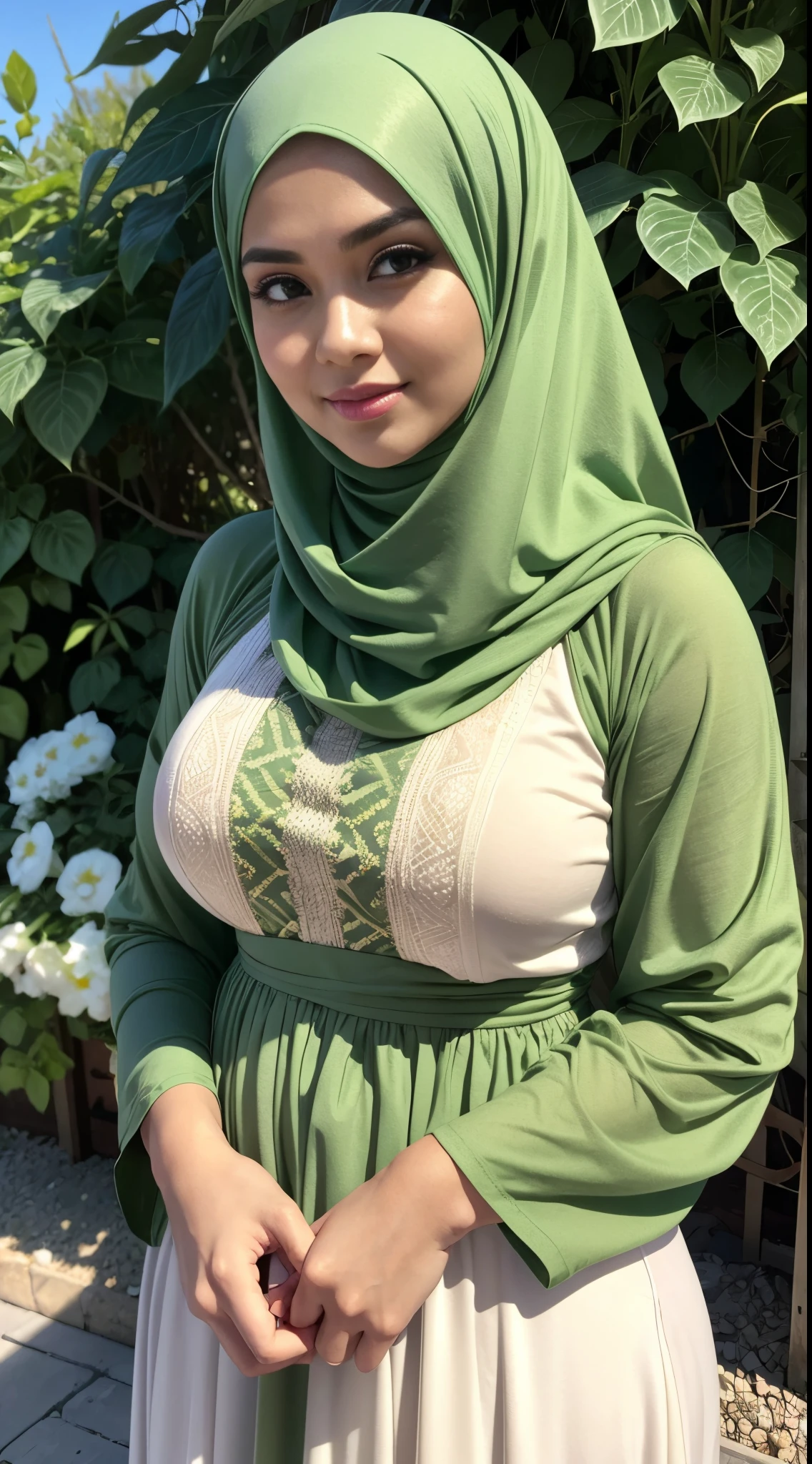 RAW, Best quality, high resolution, masterpiece: 1.3), beautiful Malay woman in hijab,Masterpiece, perfect fit body, (Huge breasts), big gorgeous eyes, Soft smile,woman in a green dress and a green scarf, puff sleeves, hijab, cropped wide sleeve, motif, wearing a cute top, garis edelweiss, ivy vine leaf and flower top, detached sleeves, fancy top, Delicate turtleneck, necklace, shairband, afternoon walk, beach, Excellent lighting, Bright colors, Clean lines