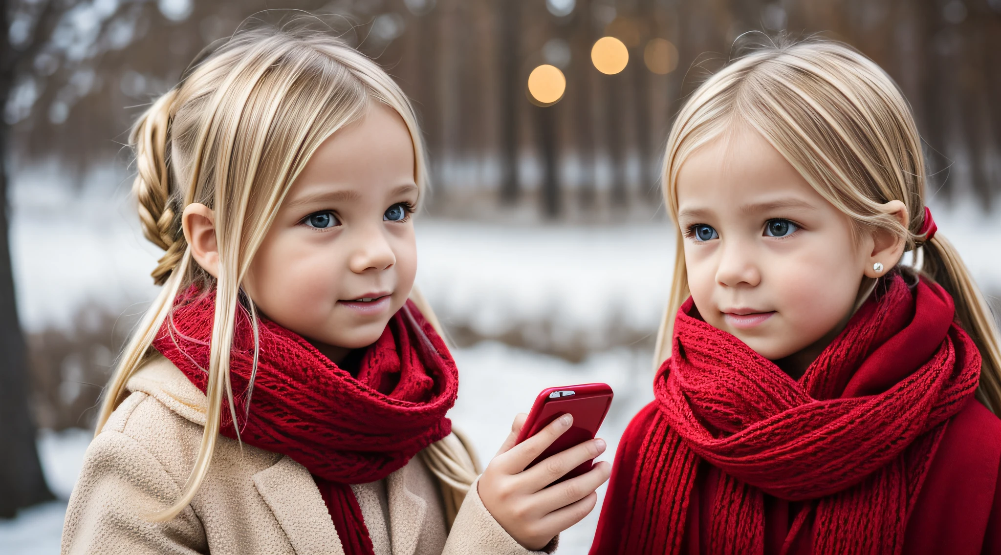 Golden blonde children with red scarf talking on cell phone with red background, red scarf, Vestido prateado.