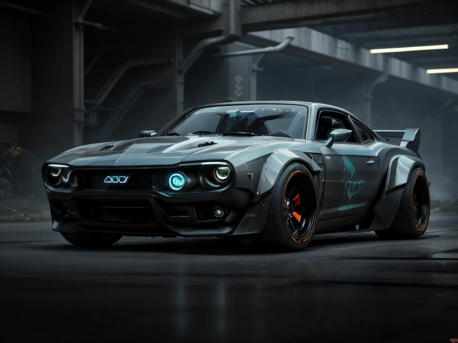 a 3/4 front view of ((futuristic cyberpunk hotrod zeekar)) (with glowing tires), at the parking lot,