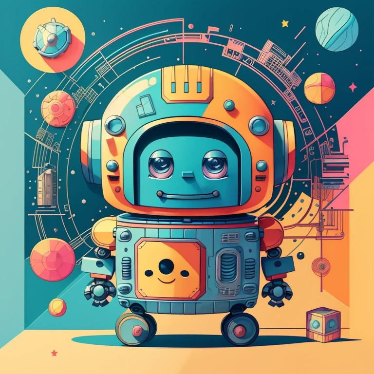 (cute robot smiling with wheels) Munchkin, Geometric multidimensional wall portrait, livro de arte, Tchibi,
Yang08k, Beautiful, Colouring,
Obras, of the highest quality, best quality, Arte Oficial, Beautiful and Aesthetic,