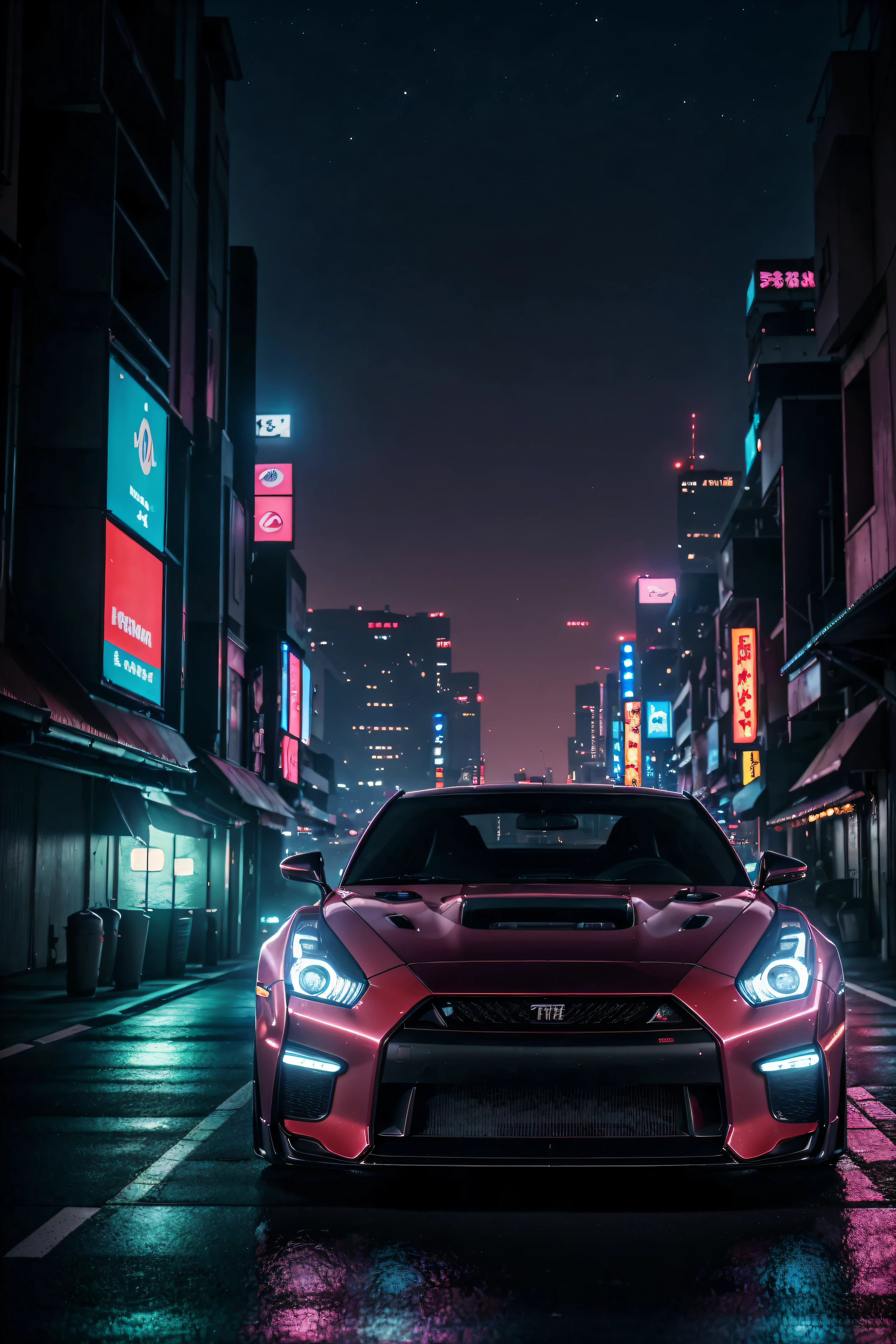 (best quality,4k,8k,highres,masterpiece:1.2),ultra-detailed,(realistic,photorealistic,photo-realistic:1.37), HDR, UHD, studio lighting, ultra-fine painting, sharp focus, physically-based rendering, extreme detail description, professional, vivid colors, bokeh, cyberpunk Nissan GTR car, cyberpunk Tokyo landscape, buildings, night pinkish sky surroundings.