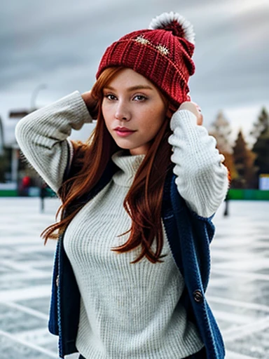Hyper realistic 23 year old ((redhead)) girl of Irish descent of Irish descent (textured skin, freckles:0.2, moles:0.2) entire body in frame front shot hands in pocket ice skating figure skating winter wool hat winterjacket with fur slimfit jeans for instagram Sexy and stylish Snapchat influencer 100mm f6.3 Sony Alpha a7 III cold light sunny