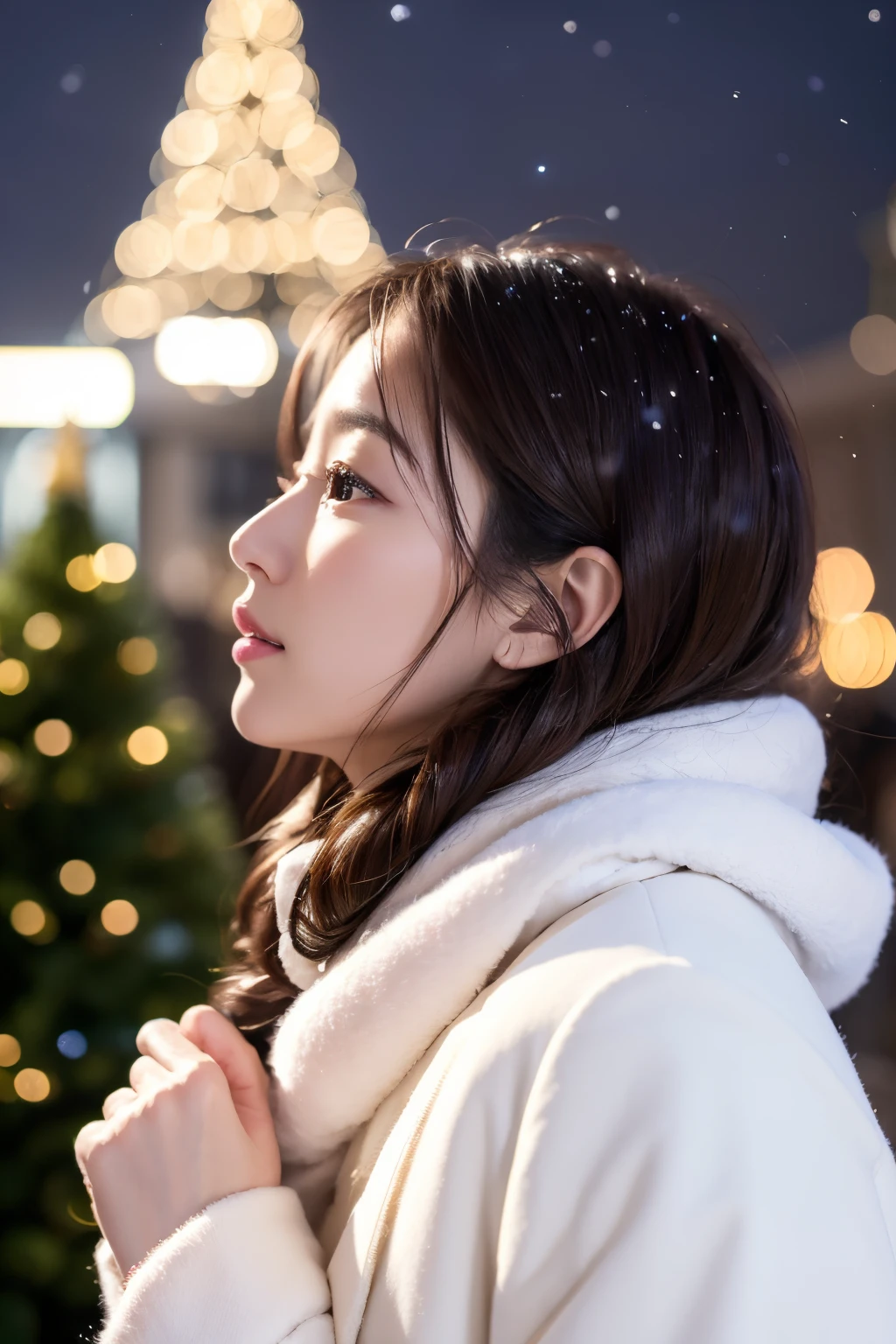 （top-quality、8K、32K、​masterpiece,)Beautuful Women、nightcity、Big Christmas Tree、Looking up at the sky、profile,White coat、white wool scarf、It's snowing、Delicat eyes、Blurred background