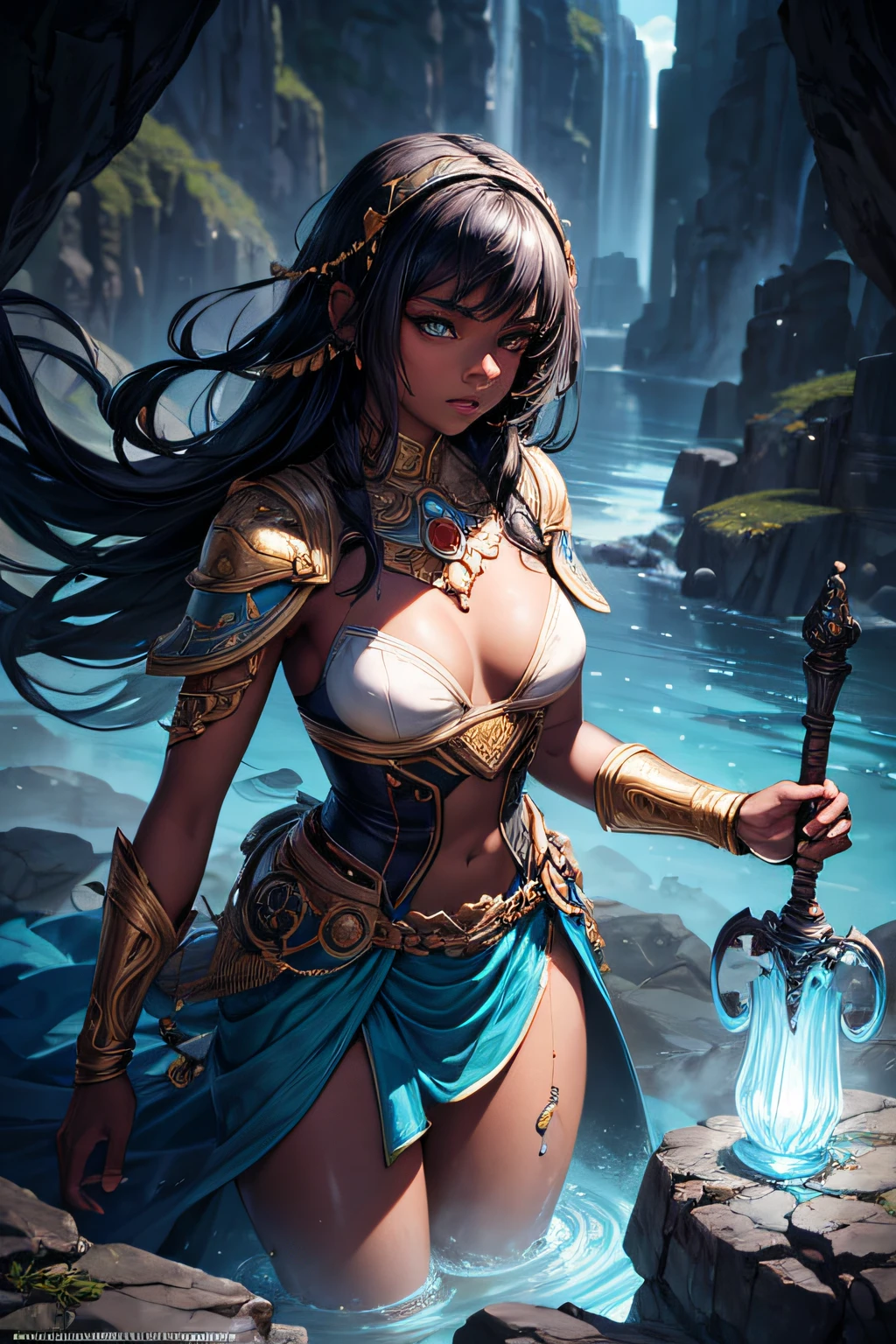 , african girl, black skin, earth mage, sorceress, earth goddess, mages dress, controling all rocks around her, floating rocks around her,  wielding a magic staff, ancient cave in background, sexi, small breasts, , highly detailed, vibrant appearance, creative behavior, extremly detailed, imaginative, sensual, spontaneous, highest quality, skin texture, intricate details, (cinematic lighting), RAW photo, 8k, masterpiece,best quality,ultra-detailed,very detailed illustrations,extremely detailed,intricate details,highres,super complex details,extremely detailed 8k cg wallpaper,