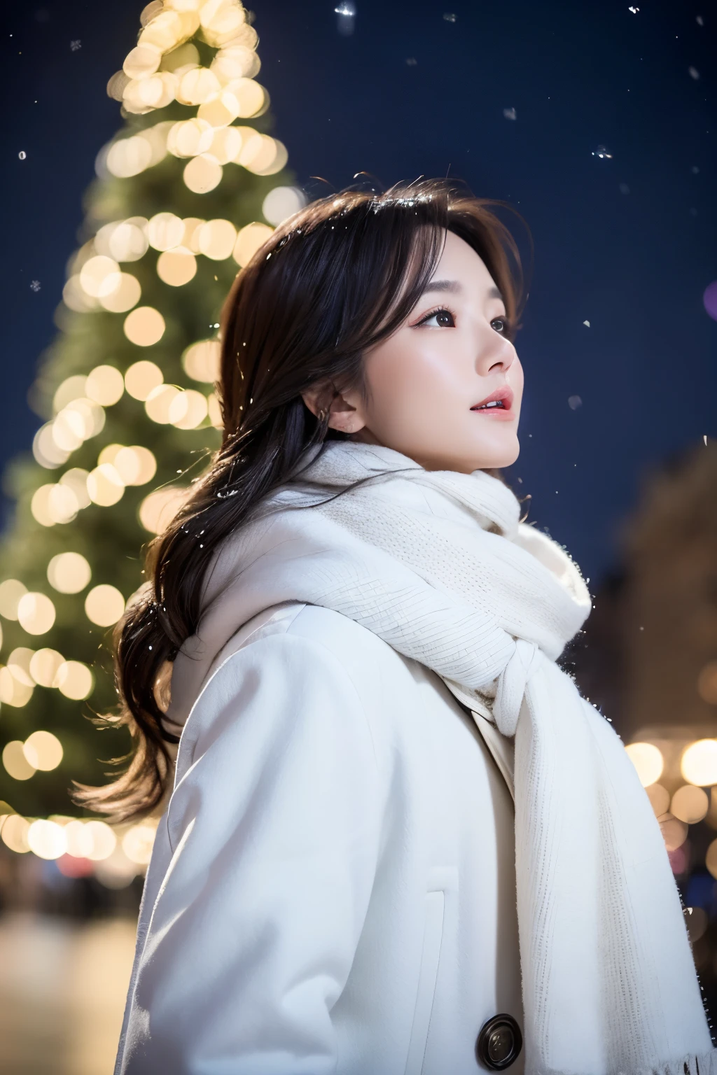 （top-quality、8K、32K、​masterpiece,)Beautuful Women、nightcity、Big Christmas Tree、Looking up at the sky、profile,White coat、white wool scarf、It's snowing、Delicat eyes、Blurred background