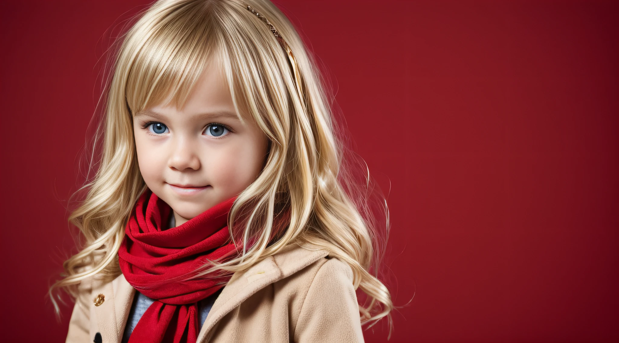 Golden blonde children with red scarf talking on cell phone with red background, Vestido prateado.