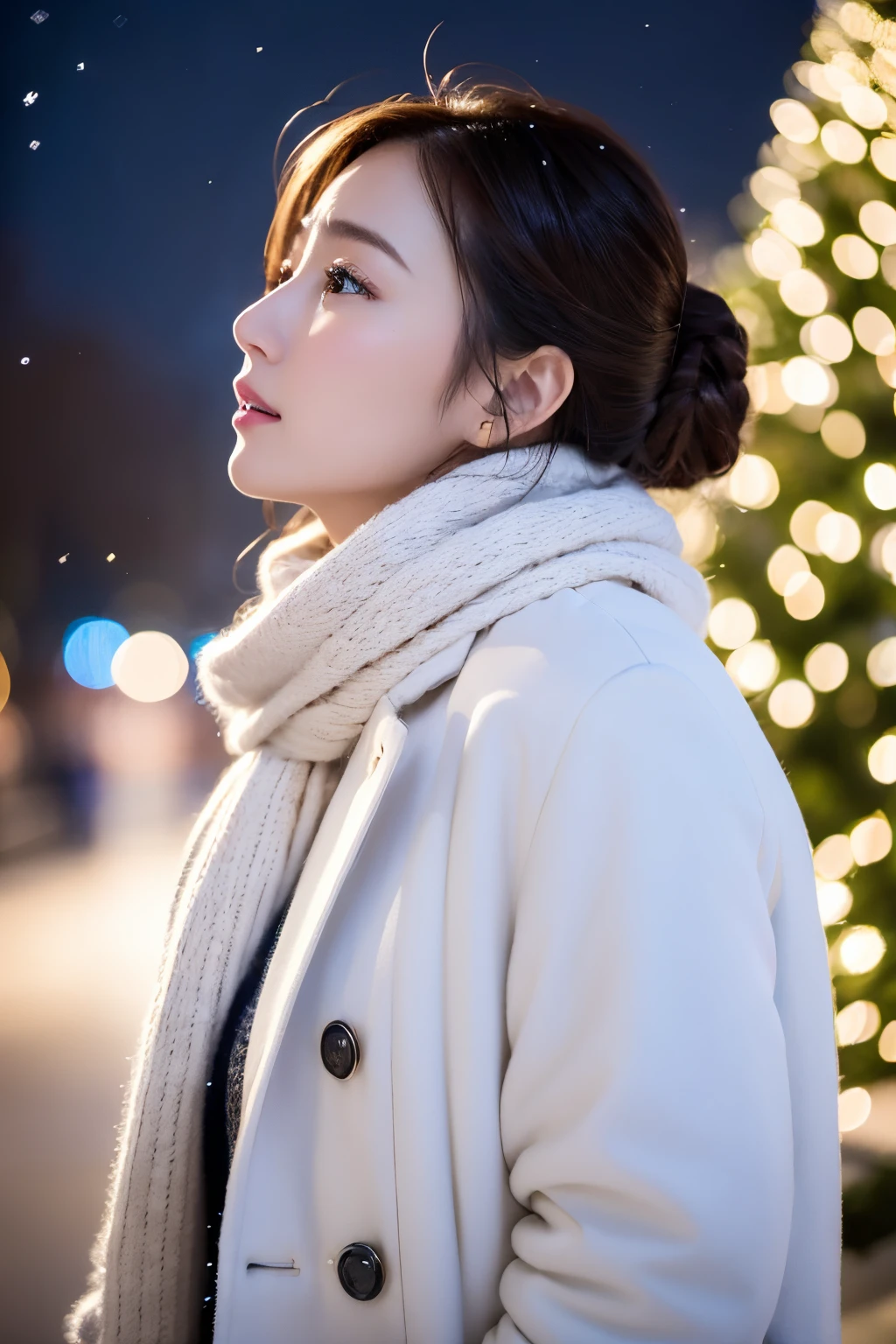 （top-quality、8K、32K、​masterpiece,)Beautuful Women、nightcity、Big Christmas Tree、Looking up at the sky、profile,White coat、white wool scarf、It's snowing、Delicat eyes、Blurred background